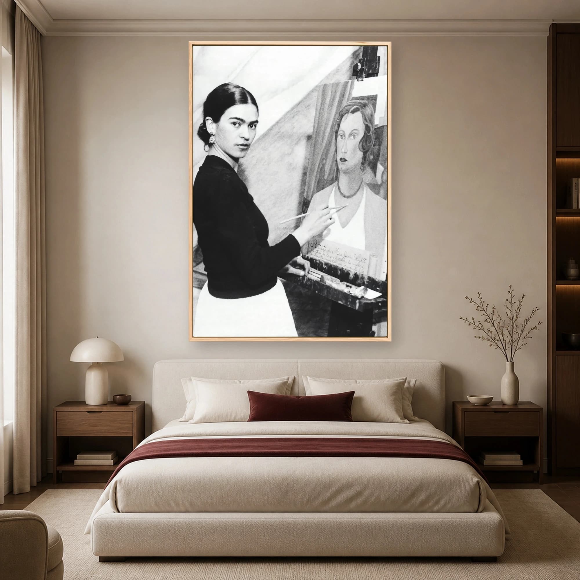 Frida Kahlo Painting in Studio Black and White Canvas Print, view 3