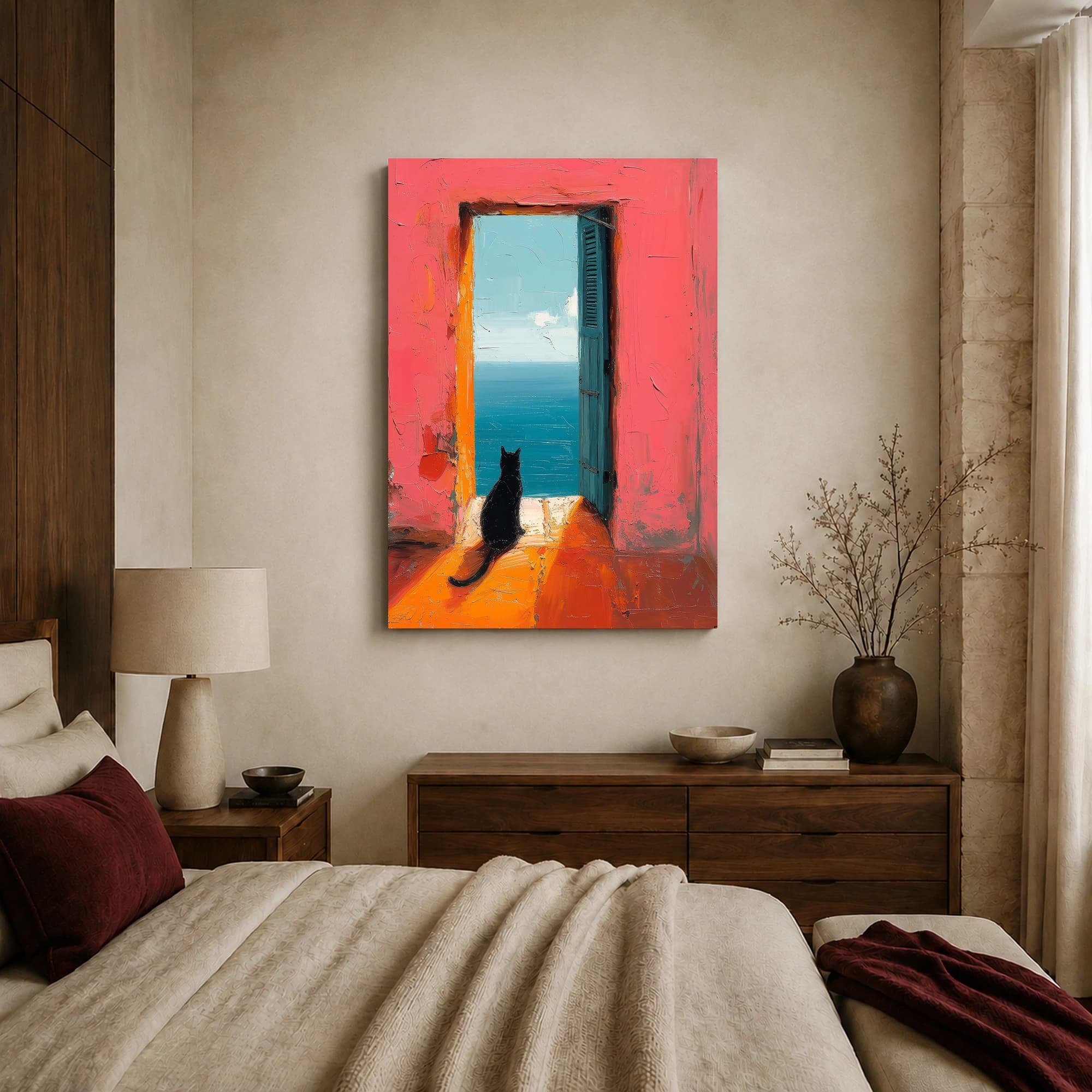 Black Cat Looking Out Ocean Door Canvas Print, view 7