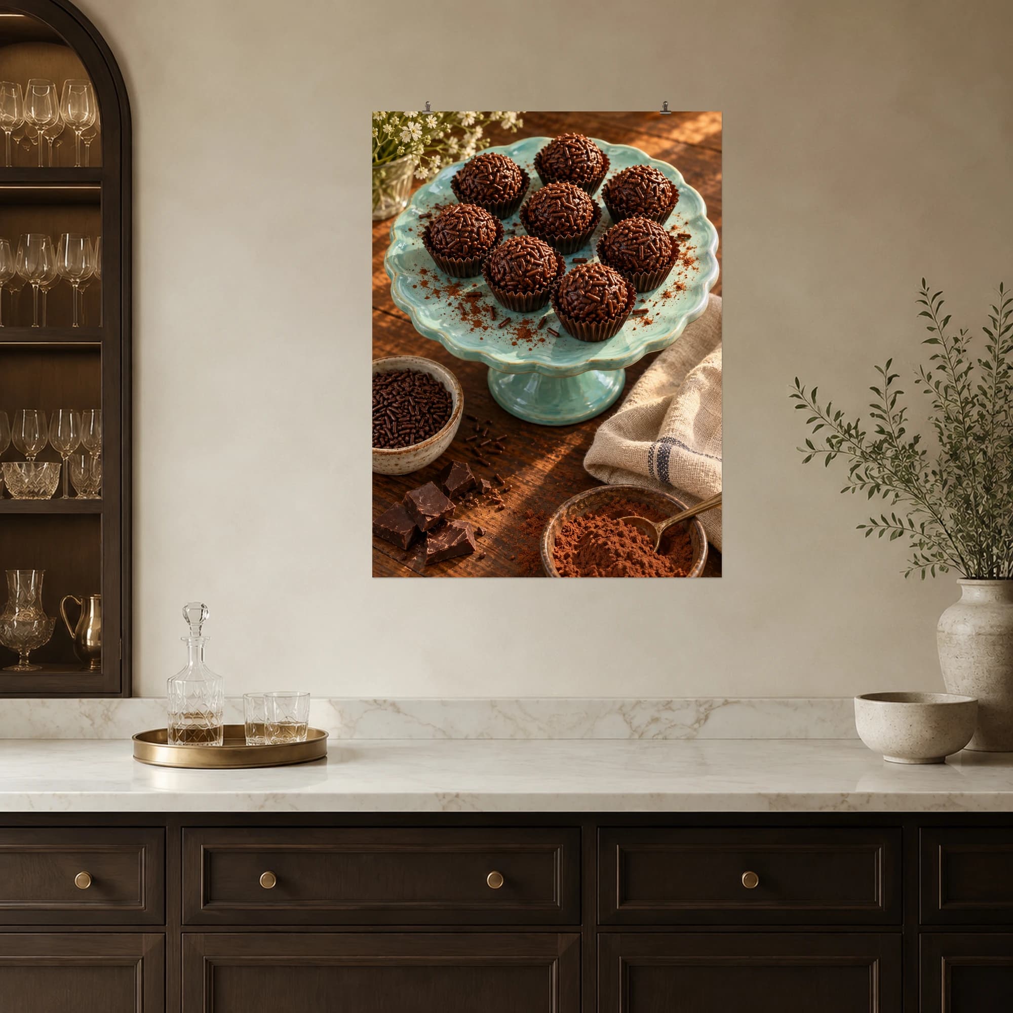 Chocolate brigadeiro truffles fill a turquoise cake stand in soft afternoon light.