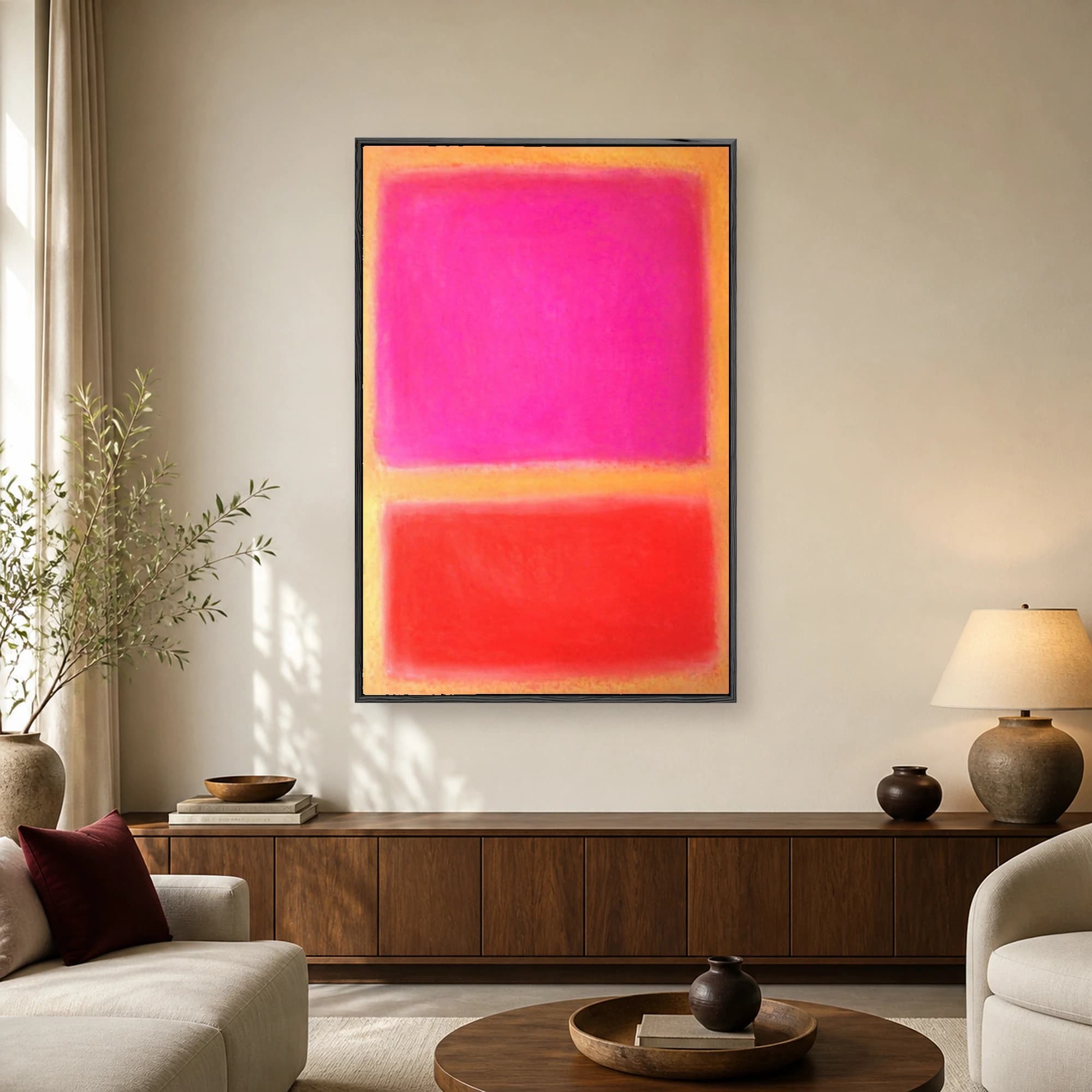 Abstract color field painting with a large glowing pink rectangle stacked above a vibrant orange rectangle on a warm yellow background.