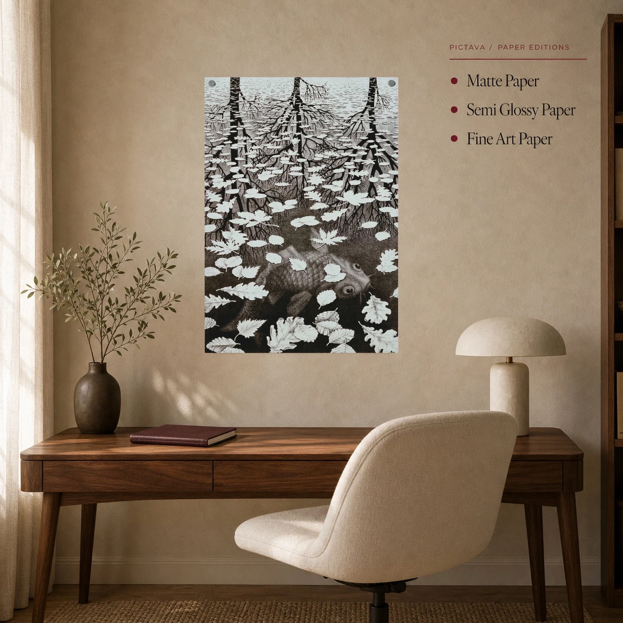 Surreal Monochrome Optical Illusion Tree and Fish Art Print, view 6