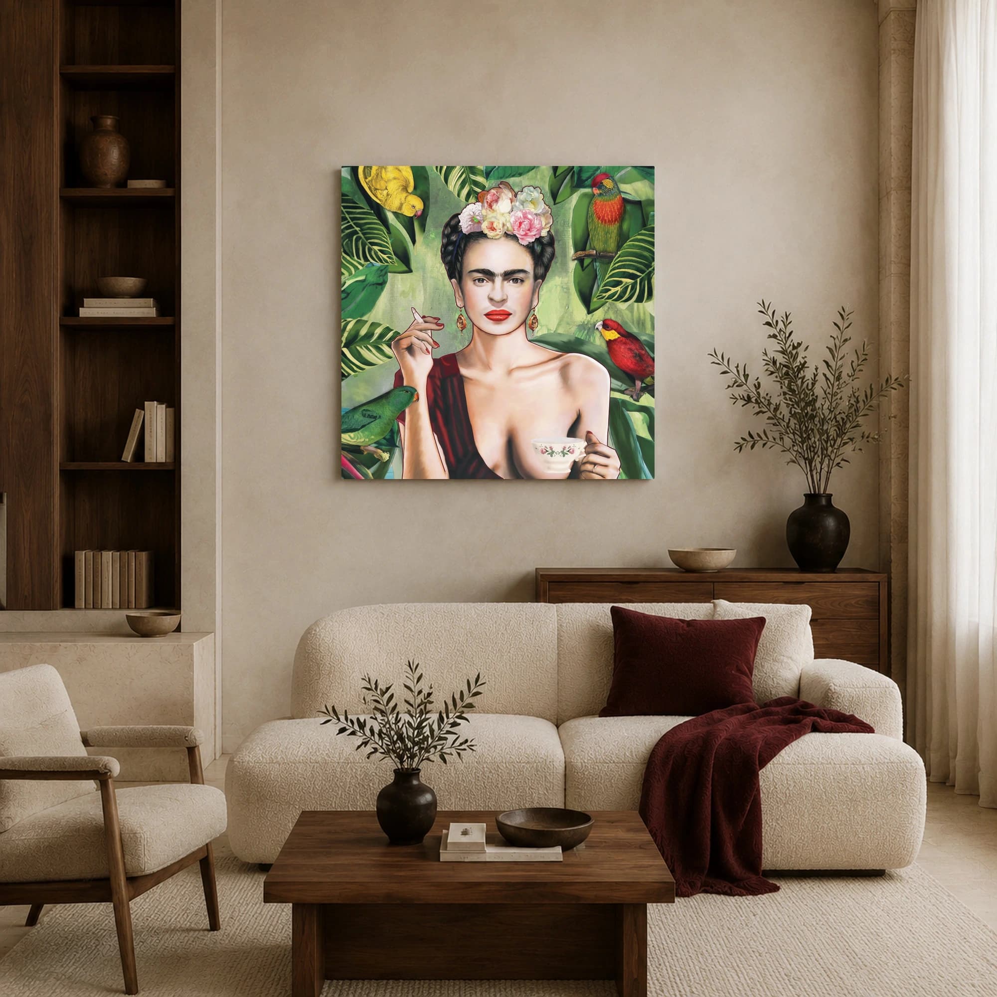 Frida Kahlo Tropical Portrait Canvas Print with Exotic Birds, view 5