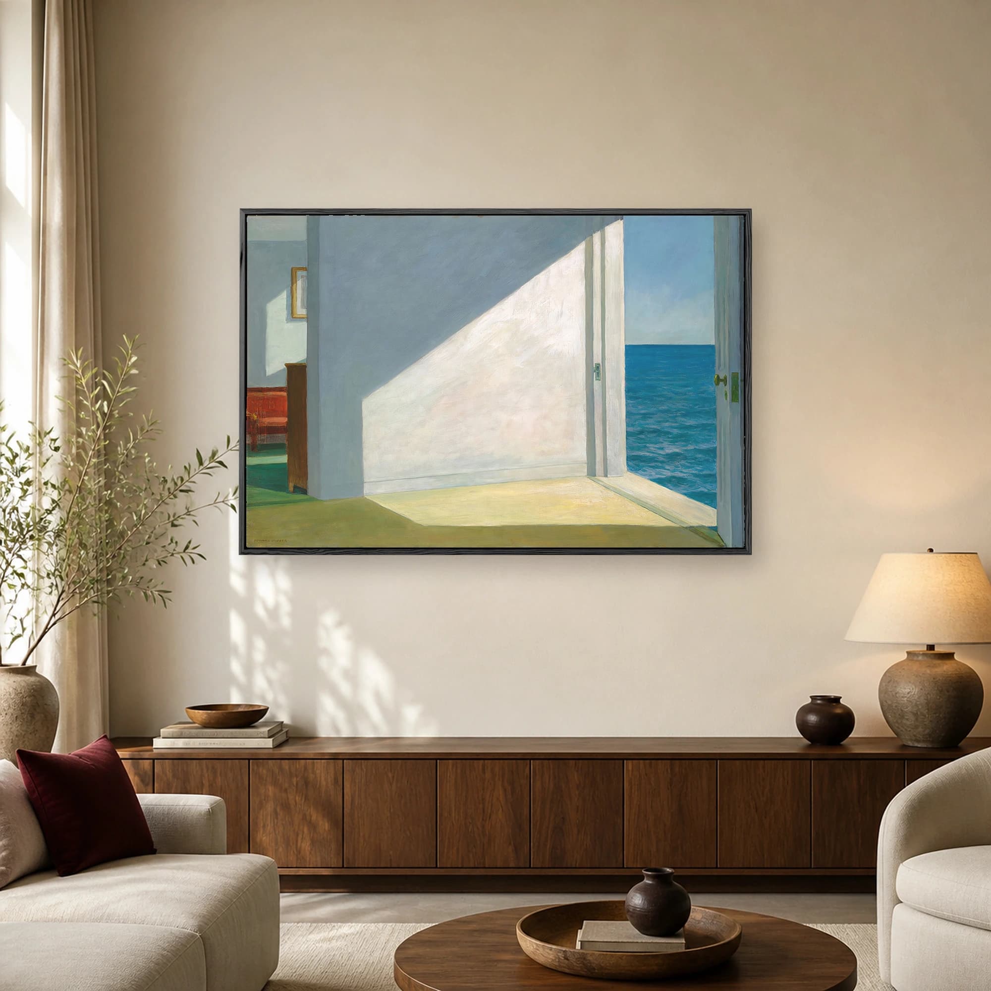 Fine art print of Edward Hopper's Rooms by the Sea, showing a bright interior wall with triangular sunlight and an open door to a blue ocean.