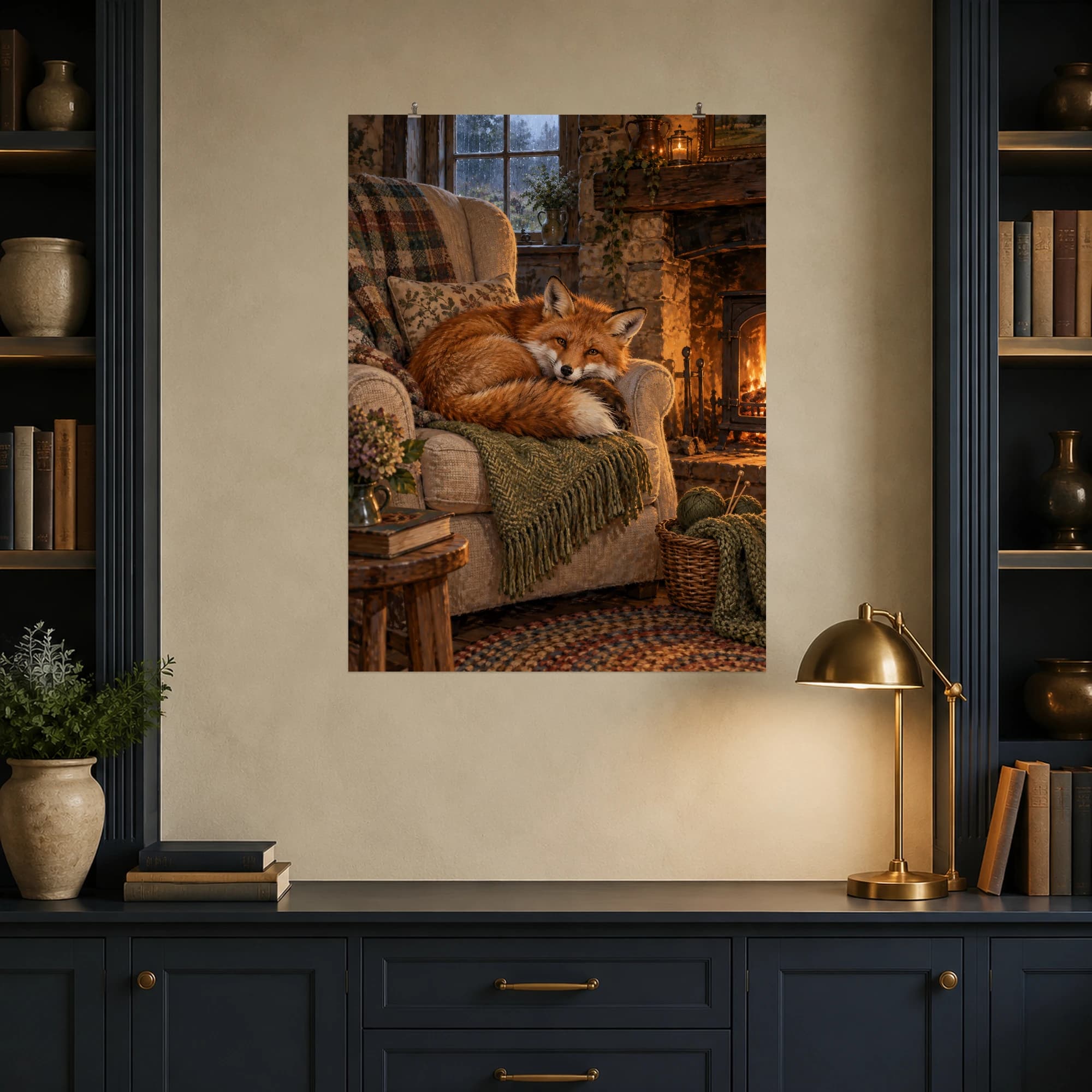 A red fox curls into an armchair by the fire beside a basket of green knitting yarn.