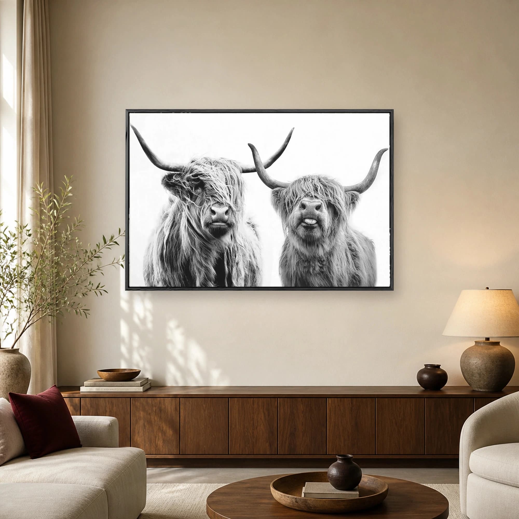 Black and white fine art photograph of two shaggy Highland cattle with long horns against a white background, one cow sticking its tongue out.