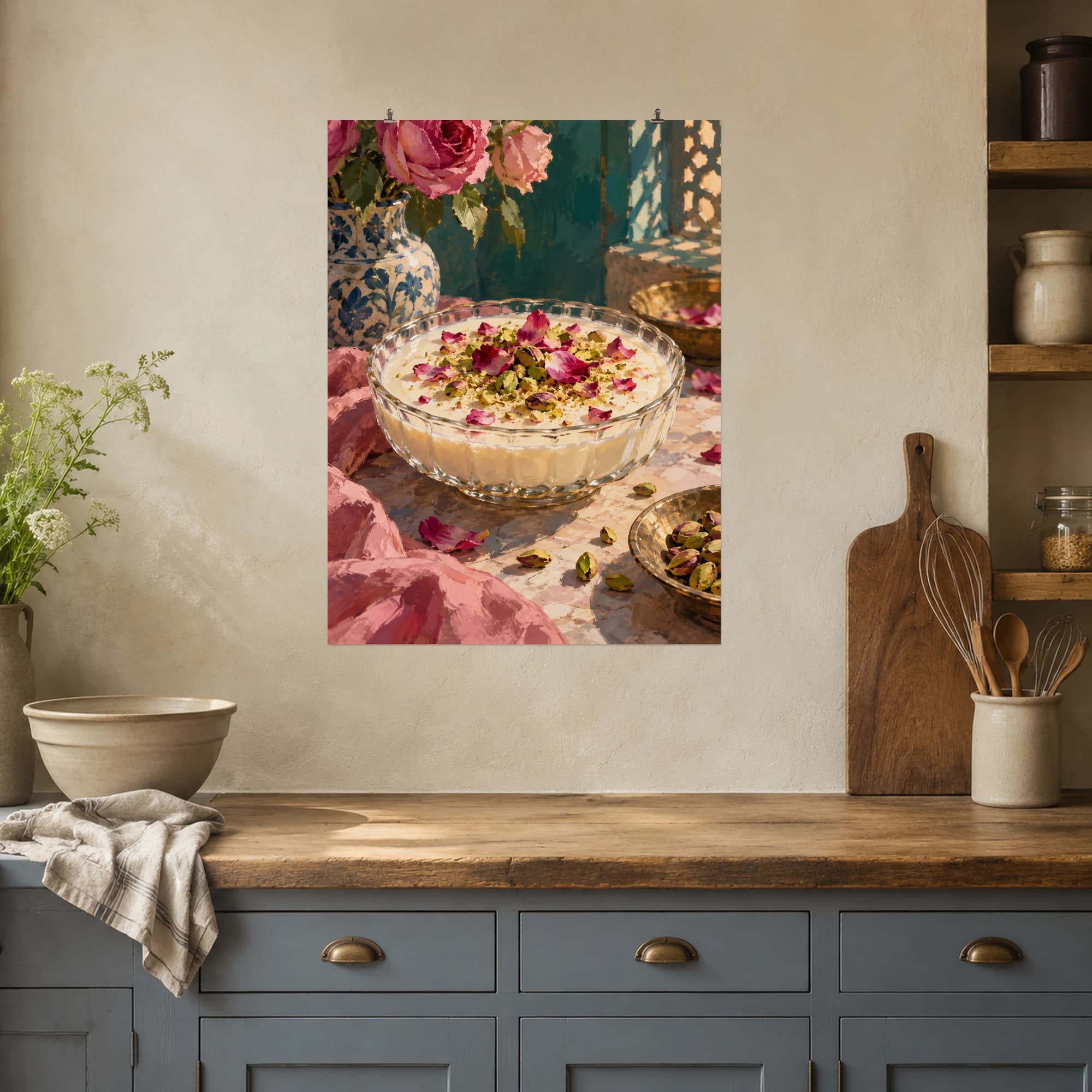 This gouache-style composition features rosewater milk pudding topped with pistachios and rose petals in a shallow glass dish. Expressive brushwork and carefully balanced color bring a distinctive focal point to your wall.