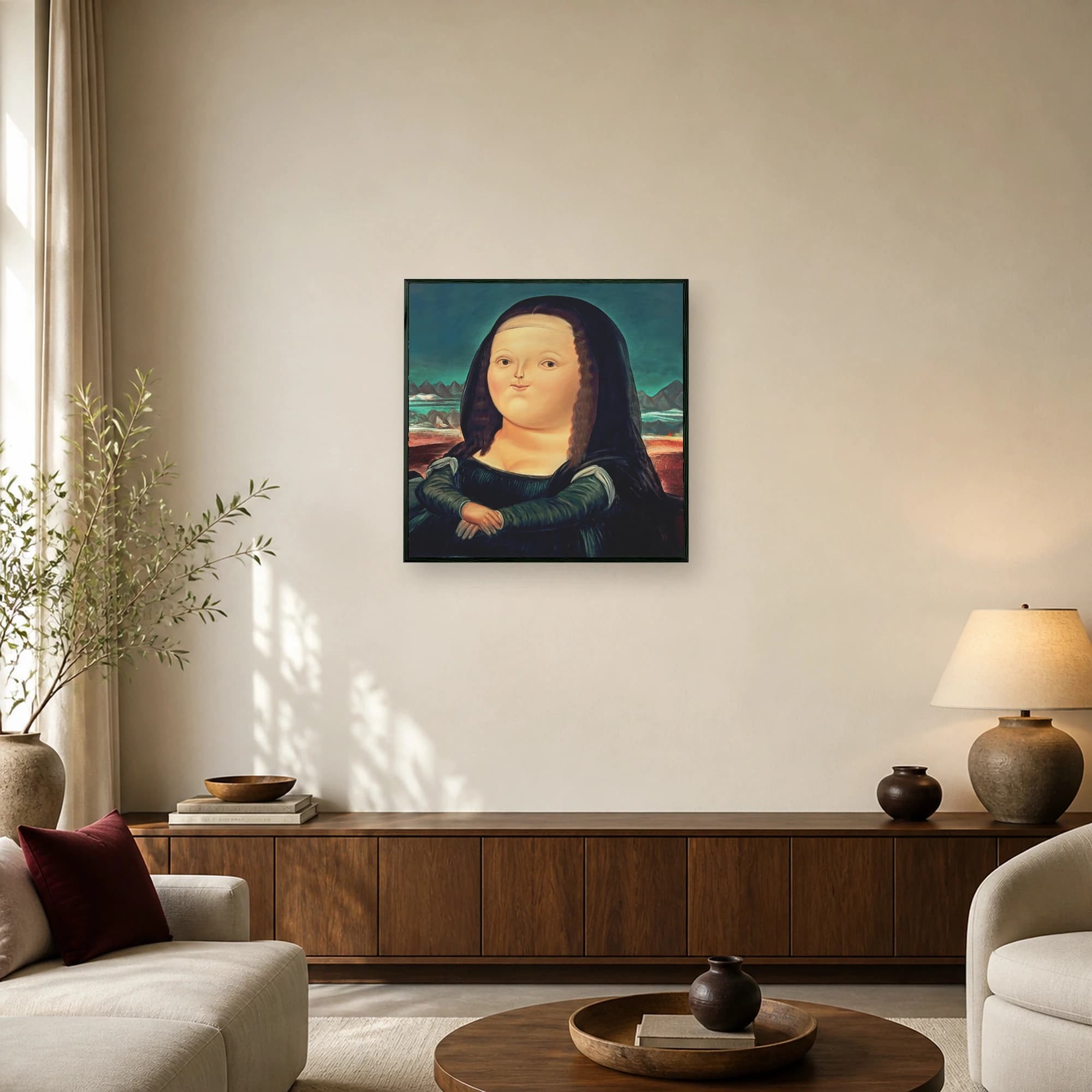 Satirical portrait of the Mona Lisa with exaggerated round facial features, dark veil, and classical Renaissance landscape background.