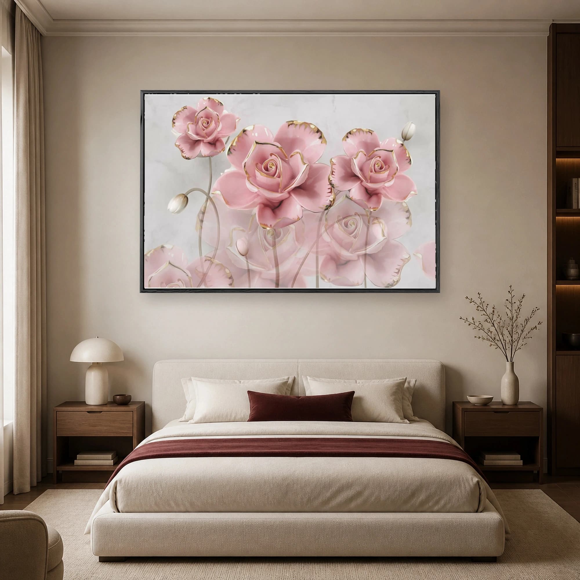 Sculpted pink ceramic roses with gold trim against a marble background in a modern art style