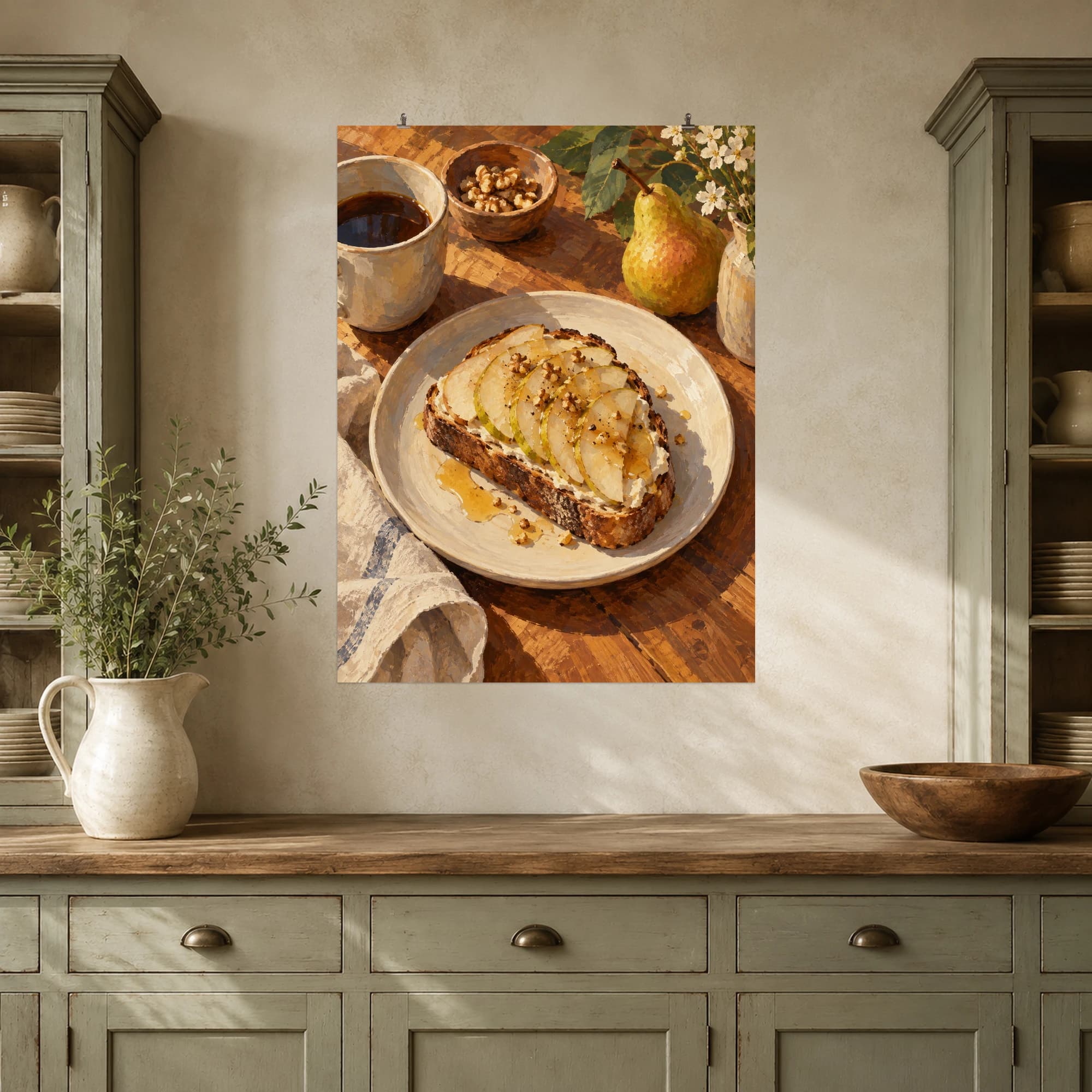 Pear slices and golden honey brighten a rustic breakfast still life.