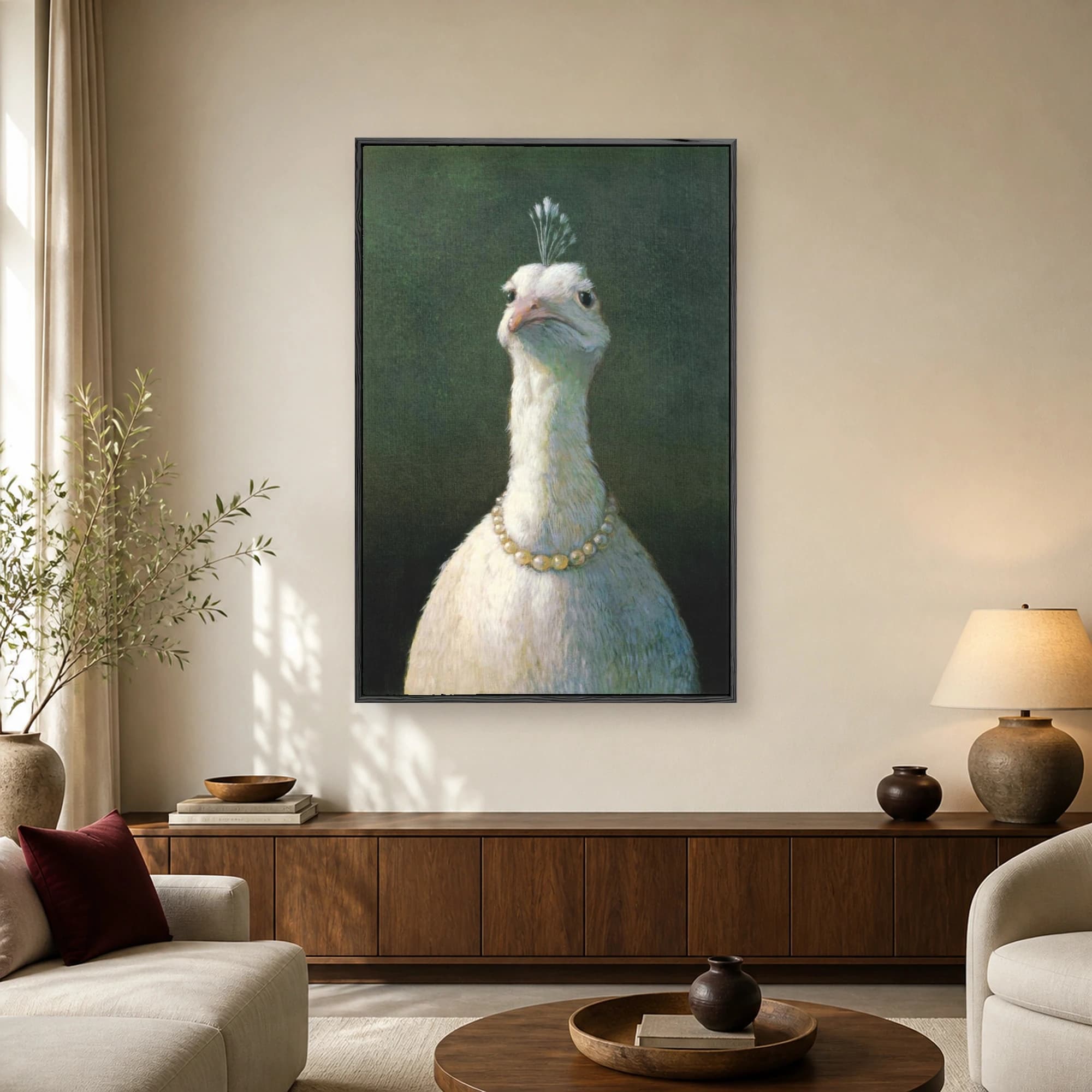 Classical oil painting style portrait of a white bird with a feathery crest wearing a pearl necklace against a dark green textured background.