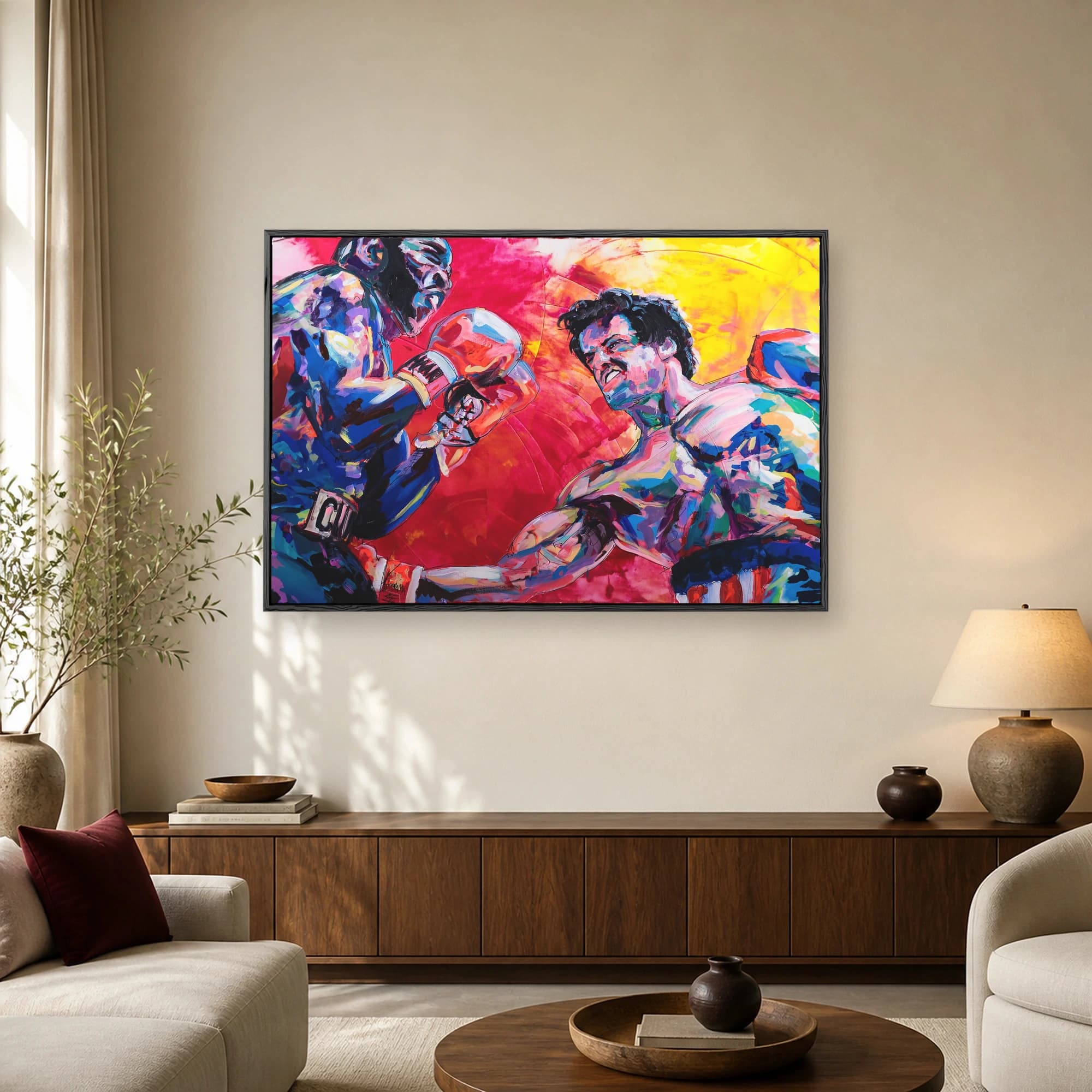 Expressive pop art painting of Rocky Balboa and Apollo Creed fighting in a boxing ring with vibrant red, yellow, and blue brushstrokes.
