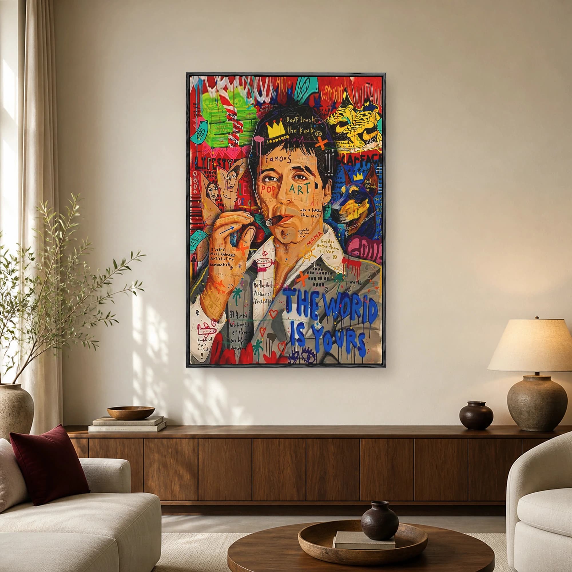 A vibrant pop art painting featuring Tony Montana with a cigar, surrounded by colorful graffiti, crowns, and The World Is Yours typography.