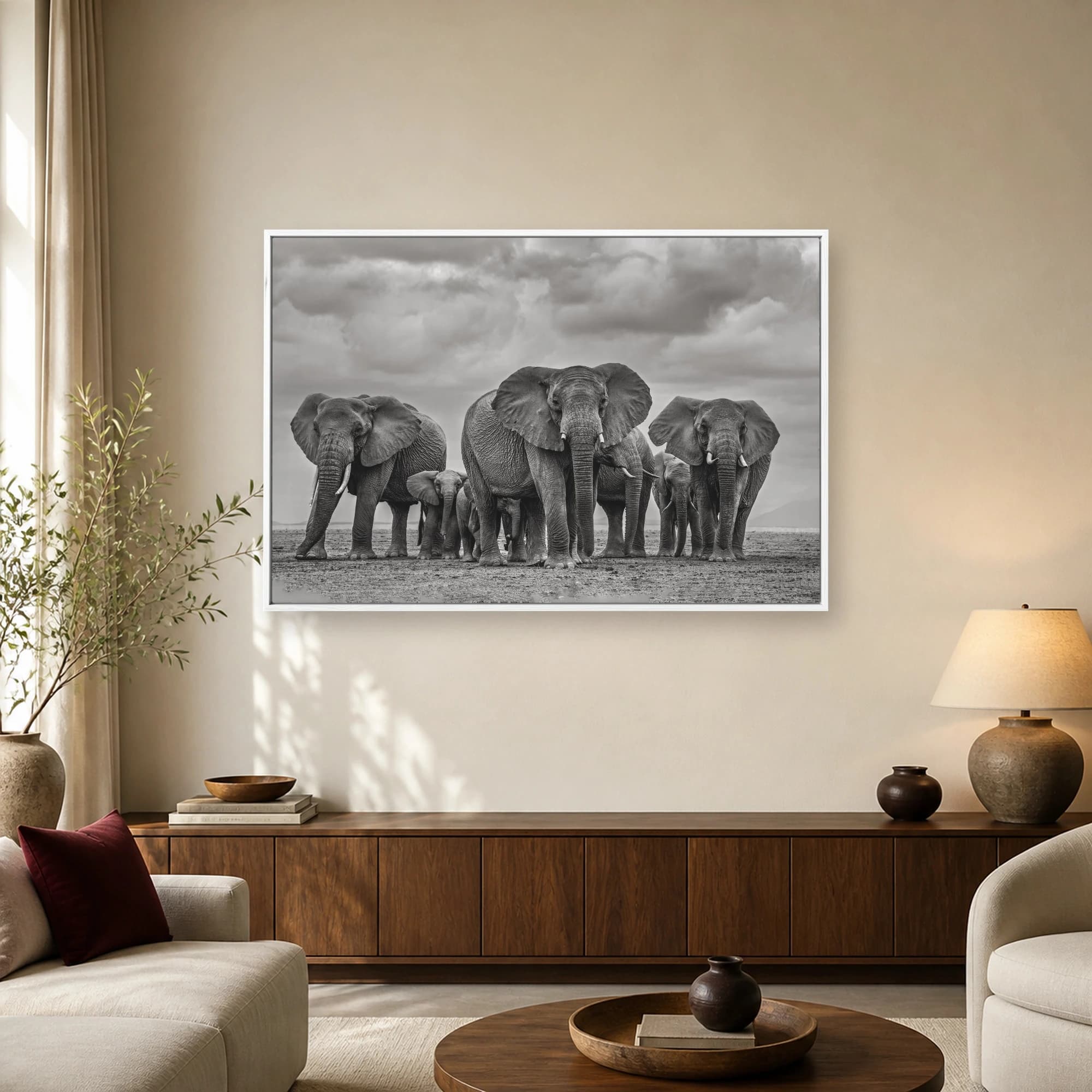 Majestic Elephant Herd Black and White Wildlife Wall Art, view 2