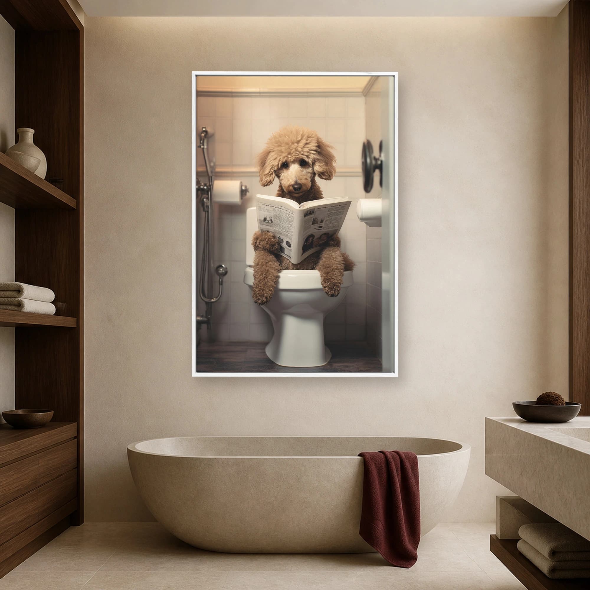 Poodle Reading Newspaper on Toilet Funny Bathroom Wall Art, view 5