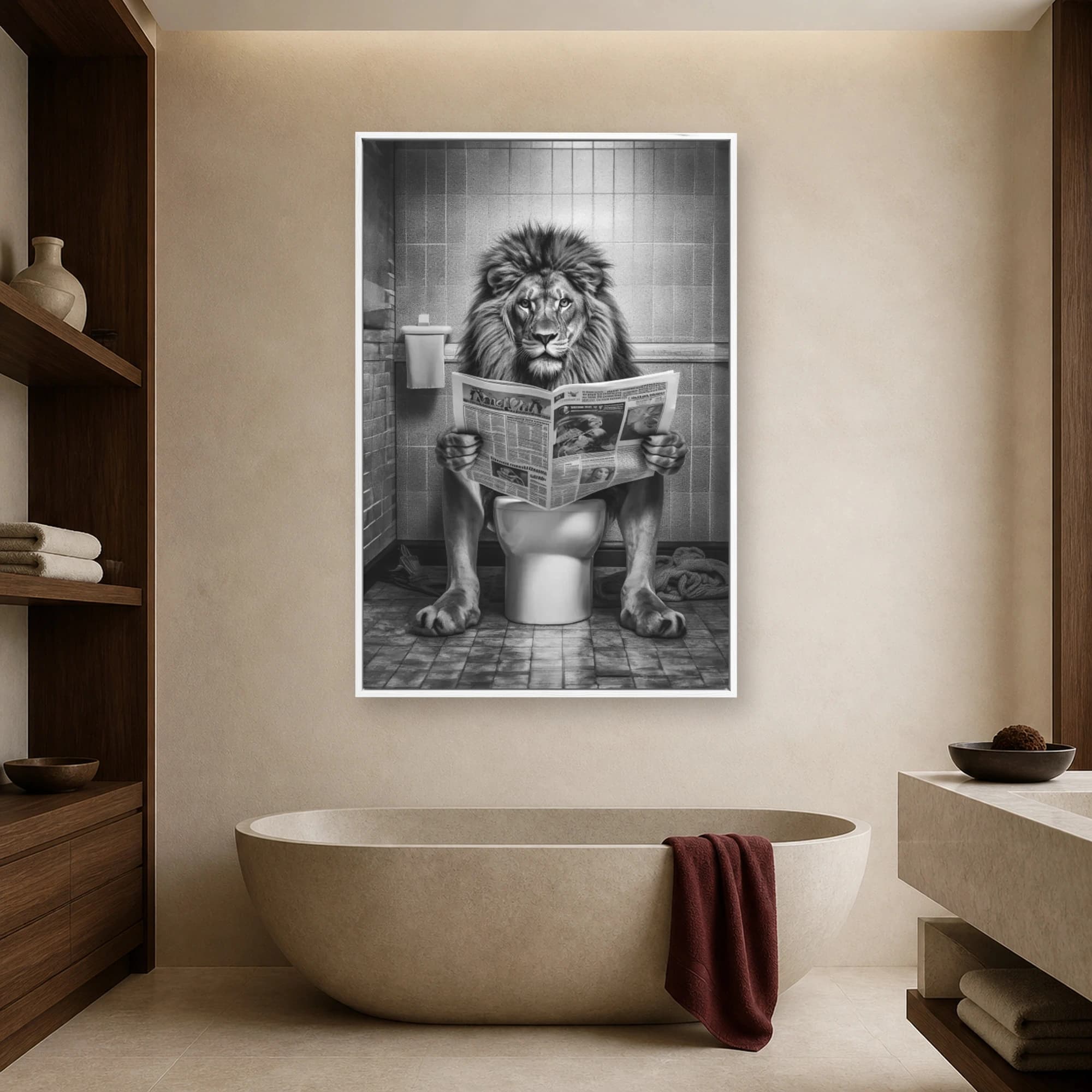 The Lion Reading Newspaper on Toilet Black and White Wall Art, view 3