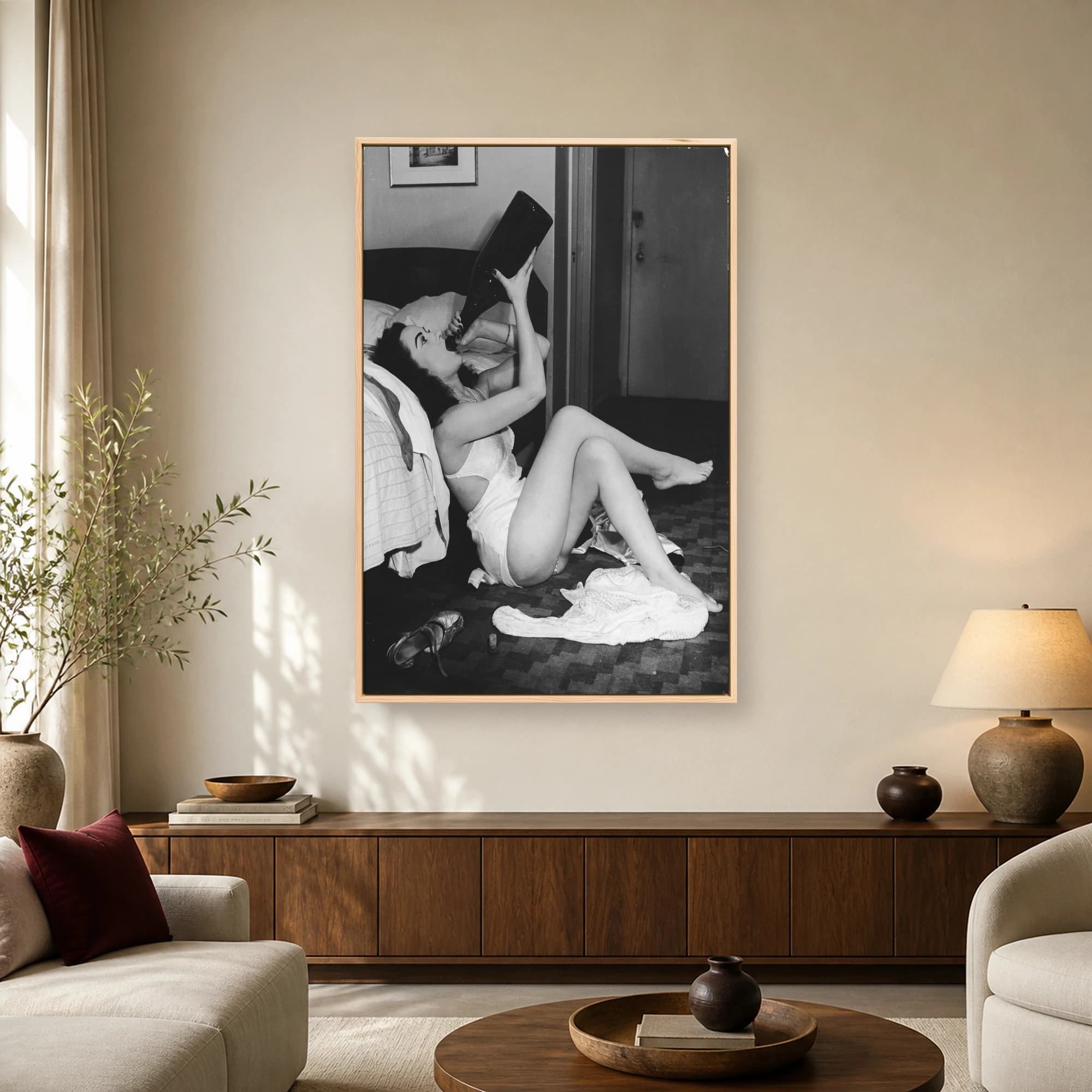 Vintage Hollywood Starlet Drinking From Giant Bottle Canvas Print, view 2