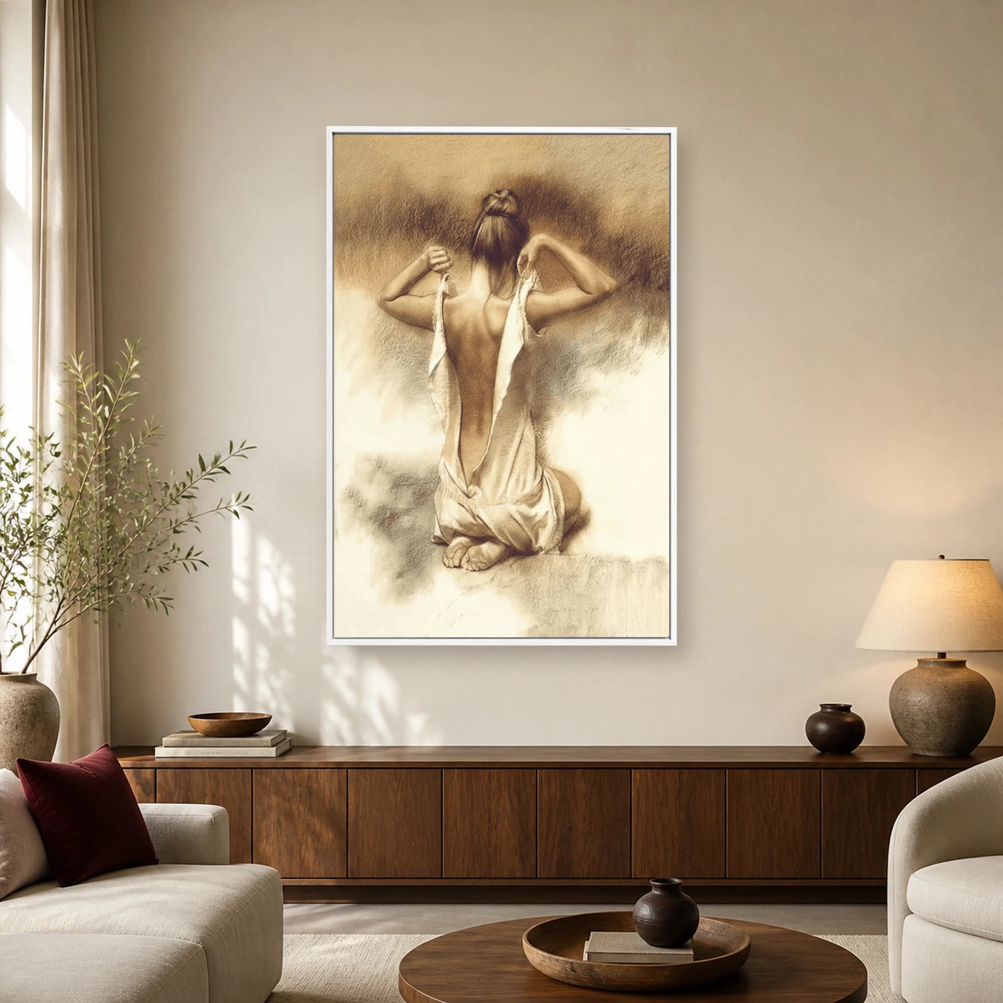 Kneeling Woman Undressing Charcoal Drawing Art Print, view 2