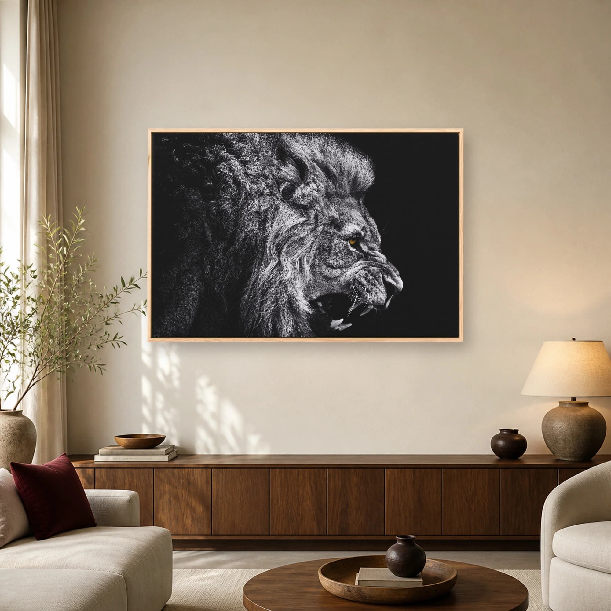 Fierce Lion Snarling Monochrome Wildlife Wall Art, view 2