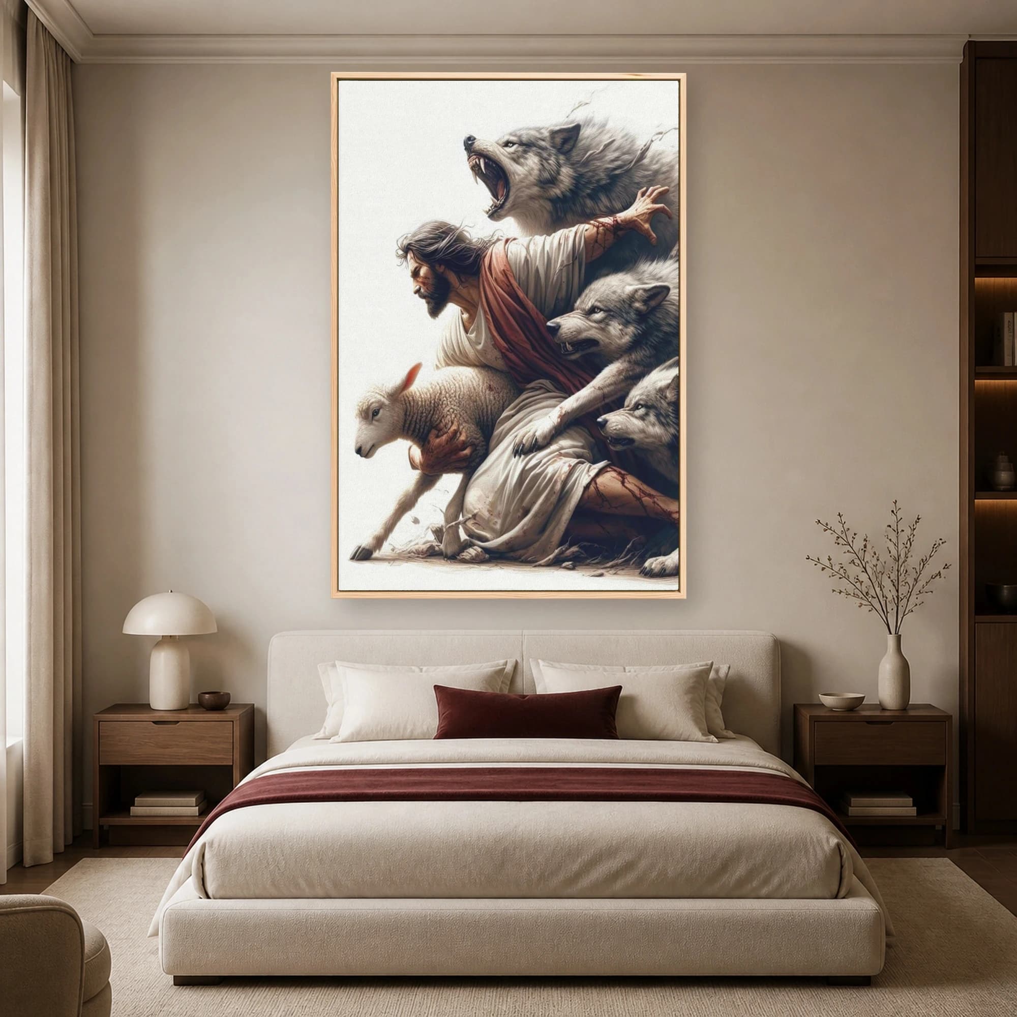 Shepherd Protecting Lamb from Wolves Canvas Print, view 4