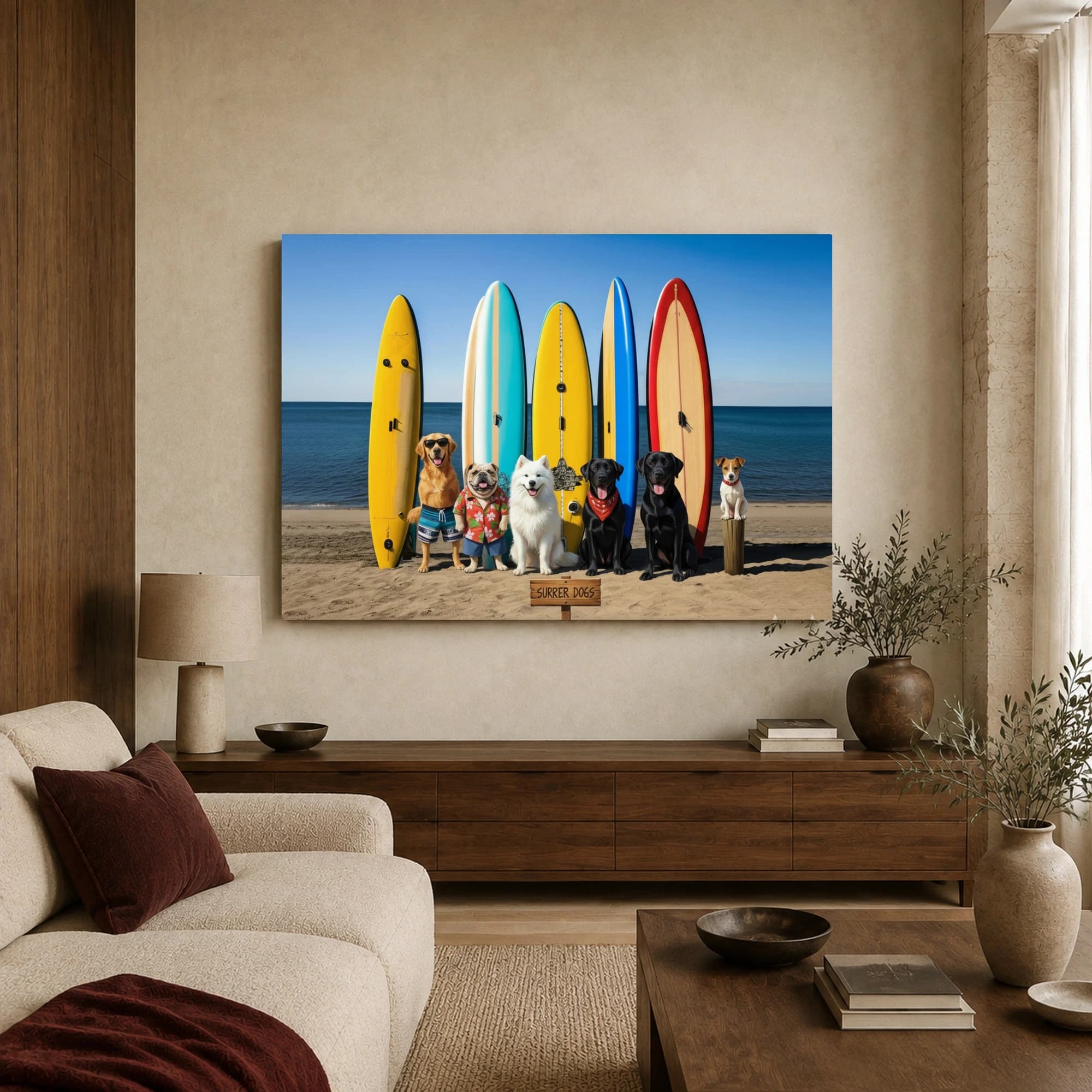 Surrer Dogs Colorful Beach Surfboard Wall Art, view 4