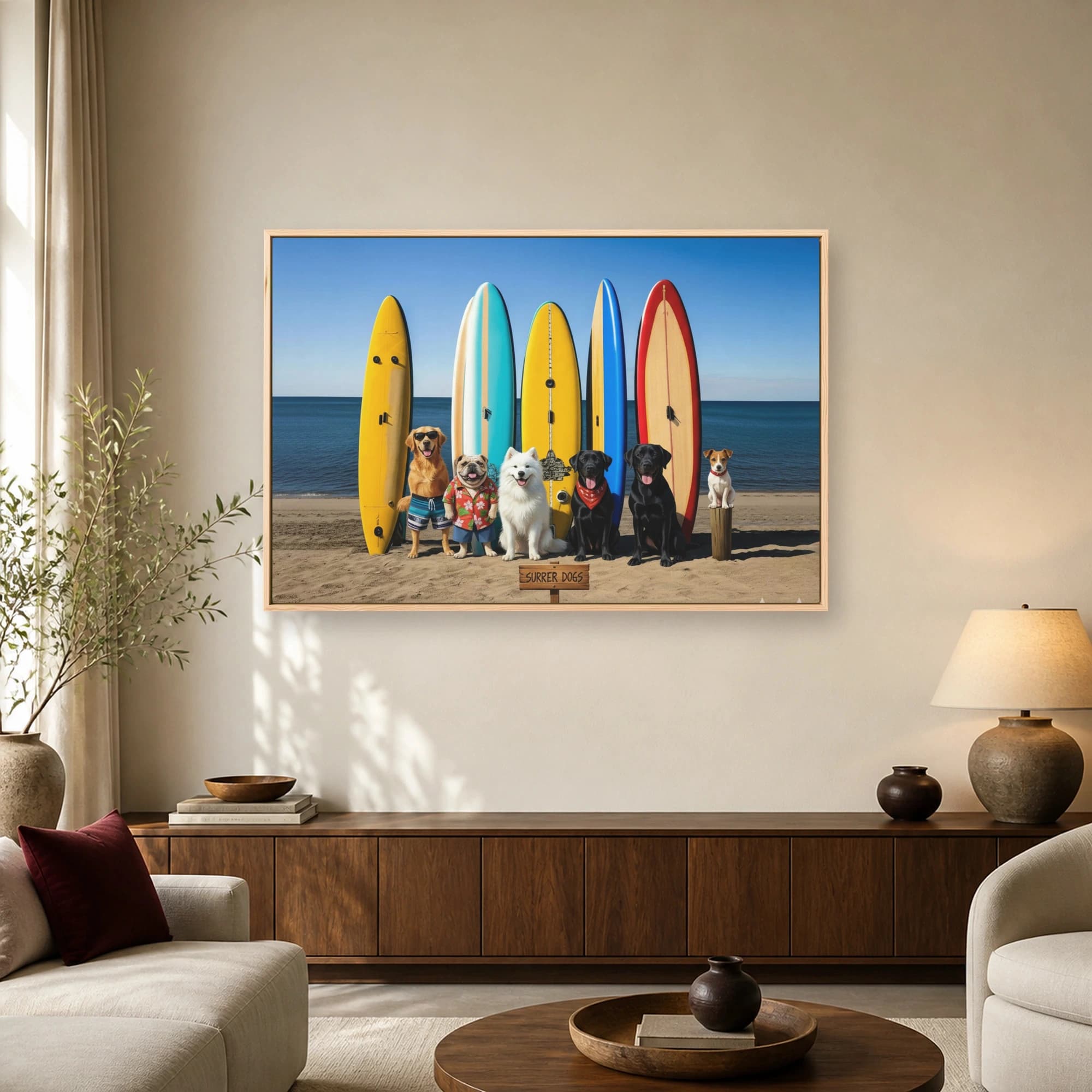 Surrer Dogs Colorful Beach Surfboard Wall Art, view 3
