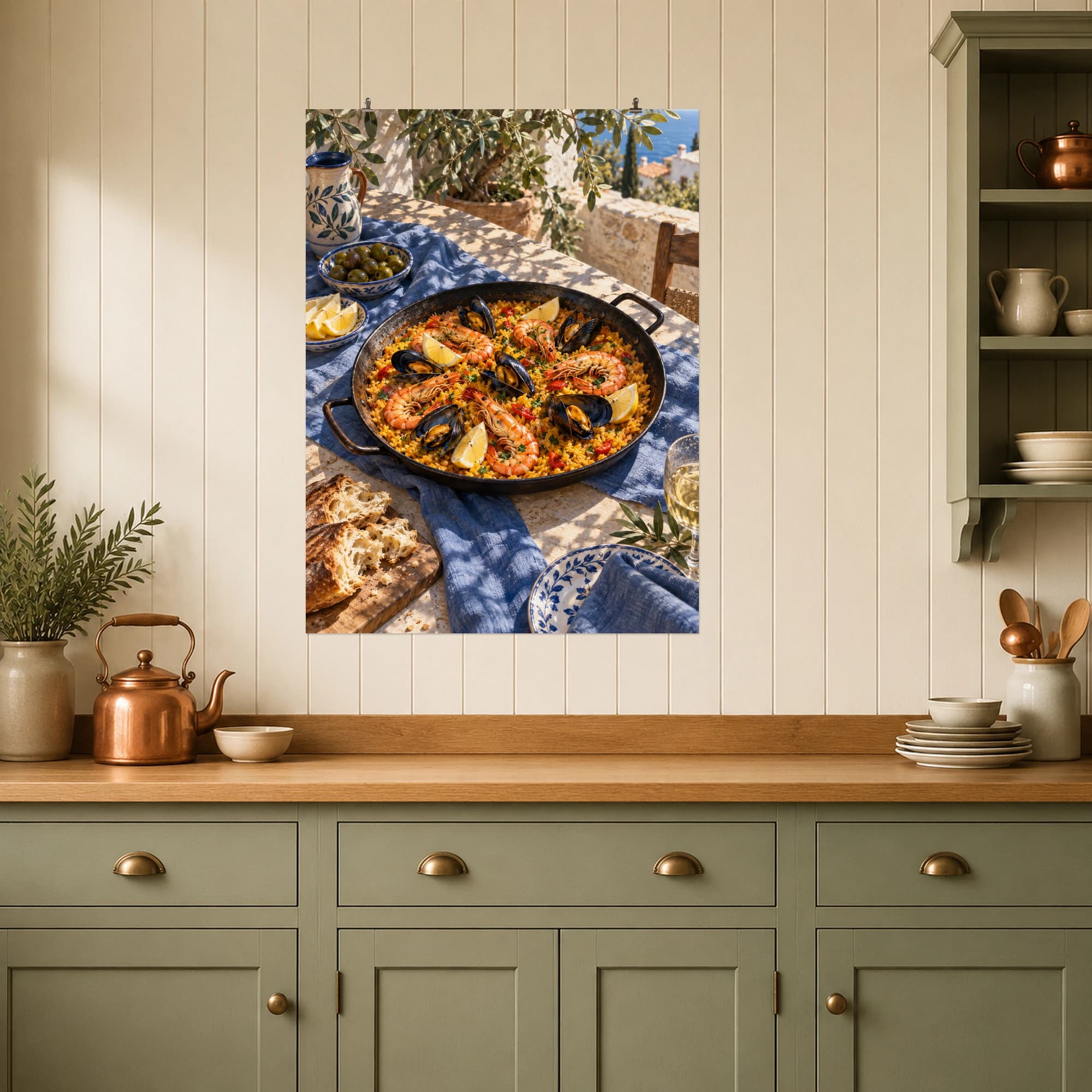 A colorful pan of seafood paella catches the sunlight on a Mediterranean courtyard table.