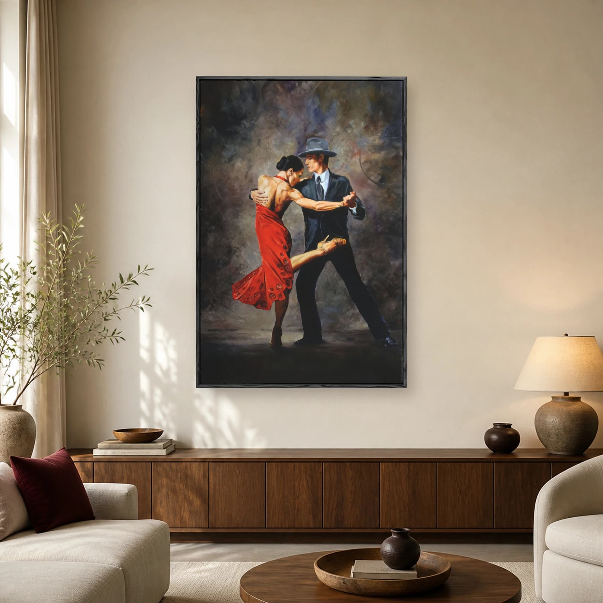 An oil painting of a man in a black suit and fedora dancing the tango with a woman wearing a vibrant red dress.