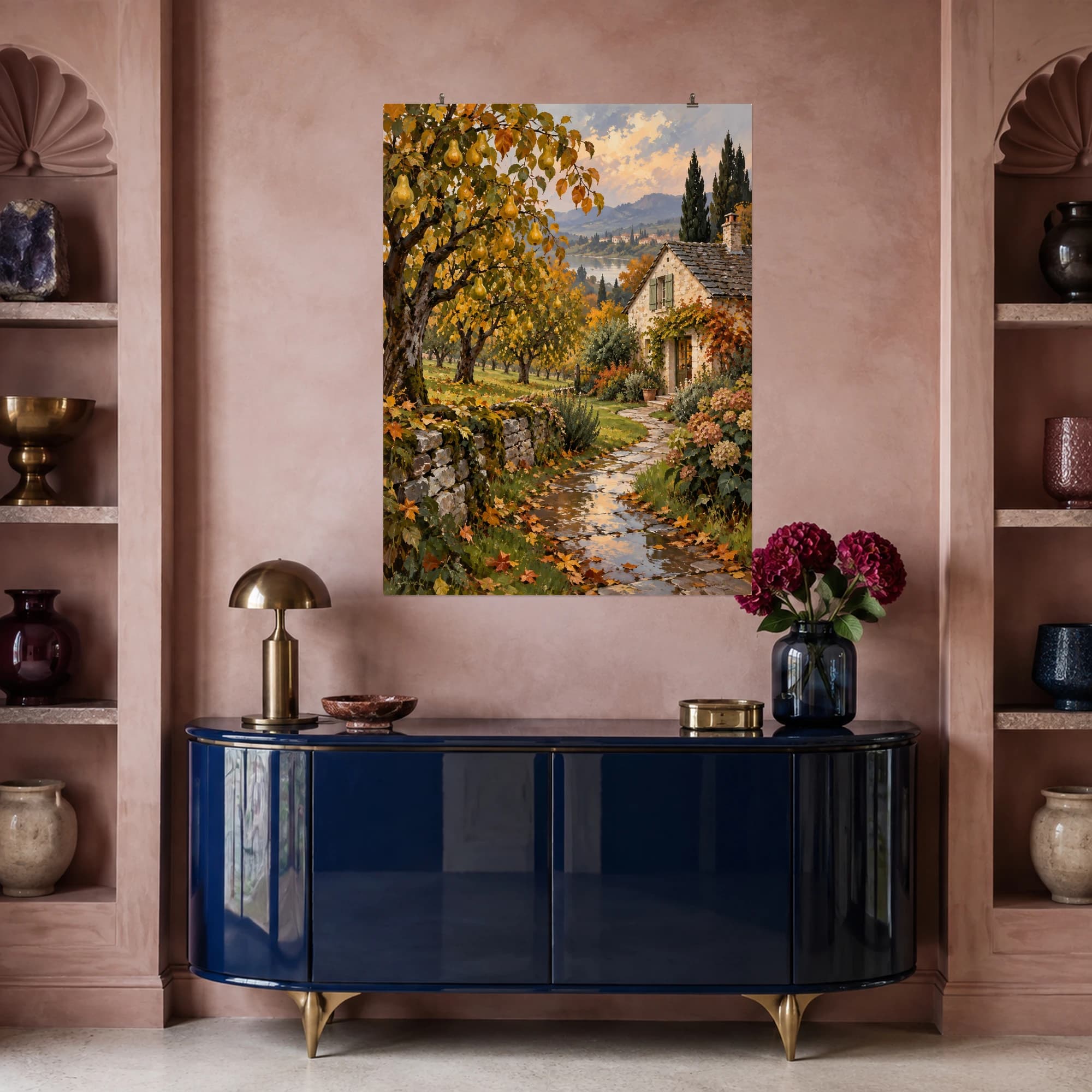 This gouache-style composition features a tiny pale stone cottage beside a pear orchard in early autumn, amber foliage and a narrow winding garden path after rain. Expressive brushwork and a balanced palette bring warmth and character to your space.
