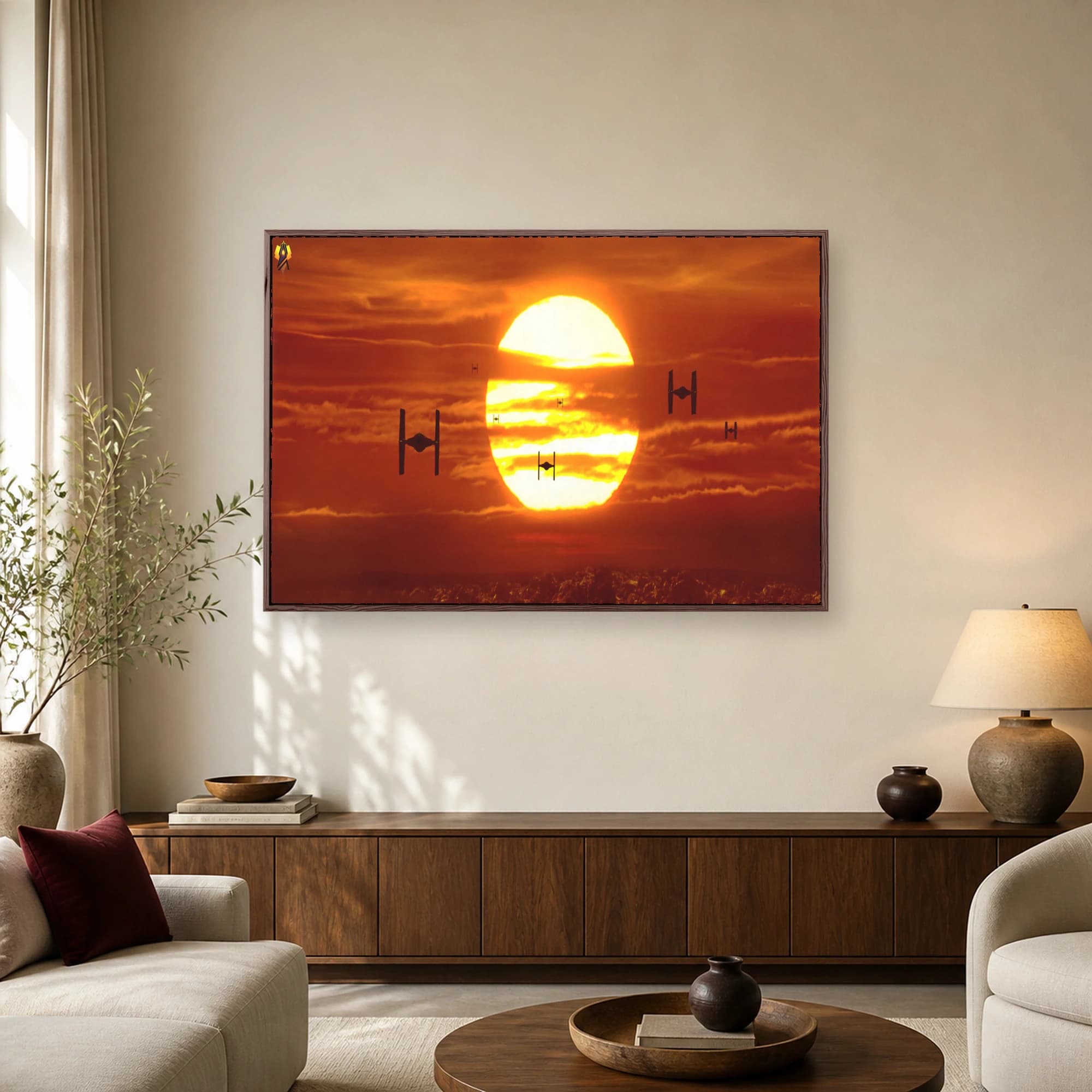 Silhouetted TIE fighters flying in formation against a giant glowing orange sunset and cloudy sky over a planetary horizon.