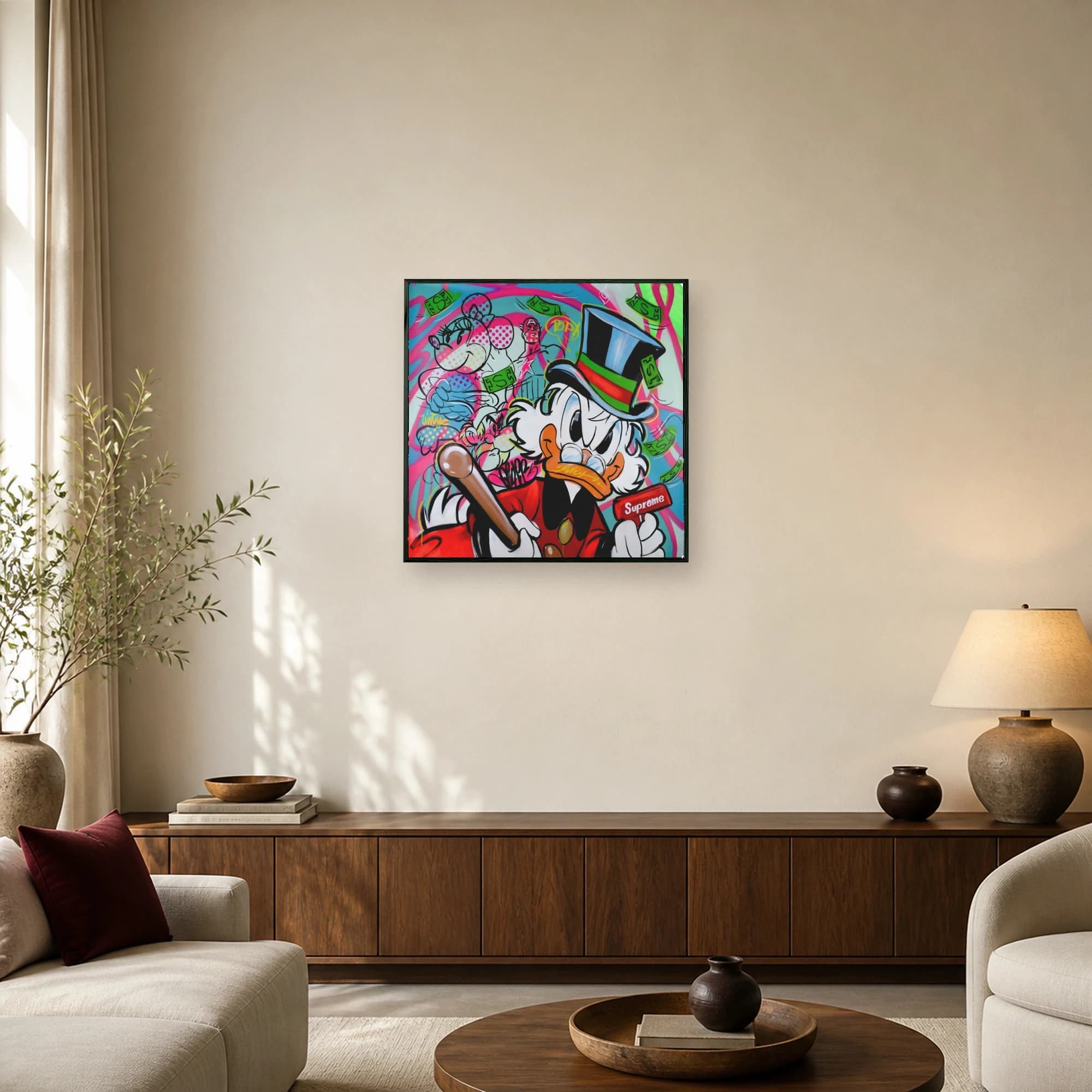 Pop art graffiti painting featuring Scrooge McDuck in a top hat holding a money gun surrounded by falling dollar bills and cartoon character silhouettes.