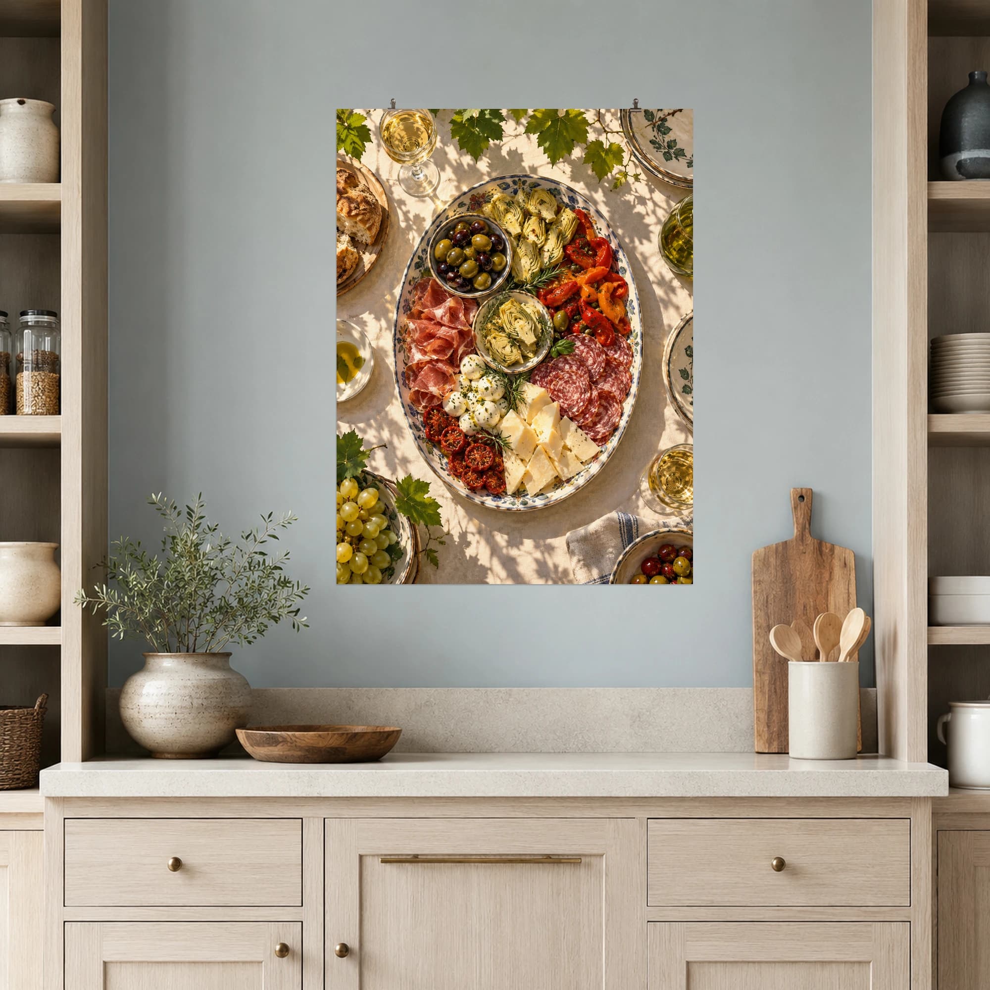 A generous antipasto platter catches the shifting shadows of garden vines.