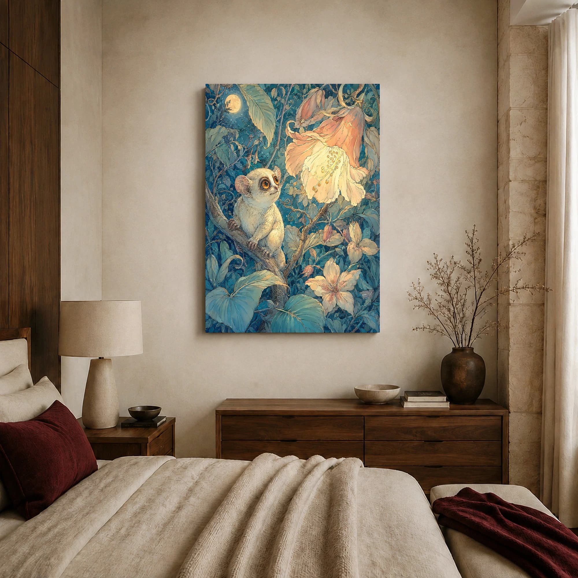 Moonlit Tarsier and Luminous Blossom Fantasy Art Print, view 6