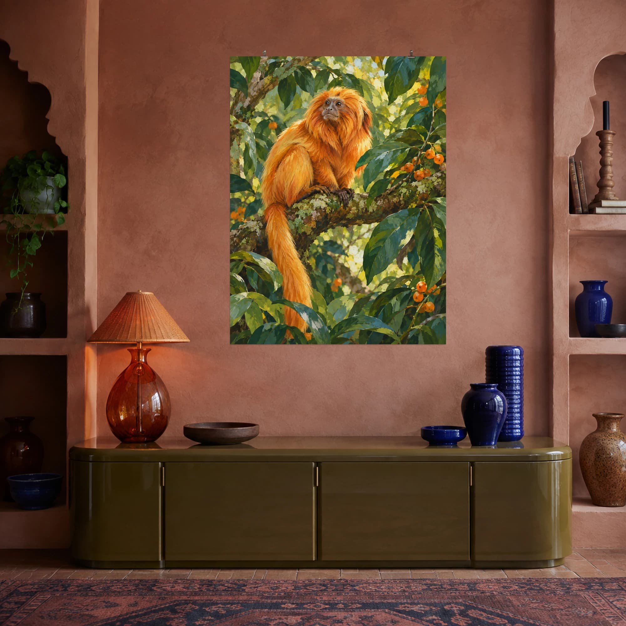 This gouache-style composition features a golden lion tamarin sitting calmly on a branching rainforest limb among glossy emerald leaves, tiny orange fruits and dappled light. Expressive brushwork and a balanced palette bring warmth and character to your space.