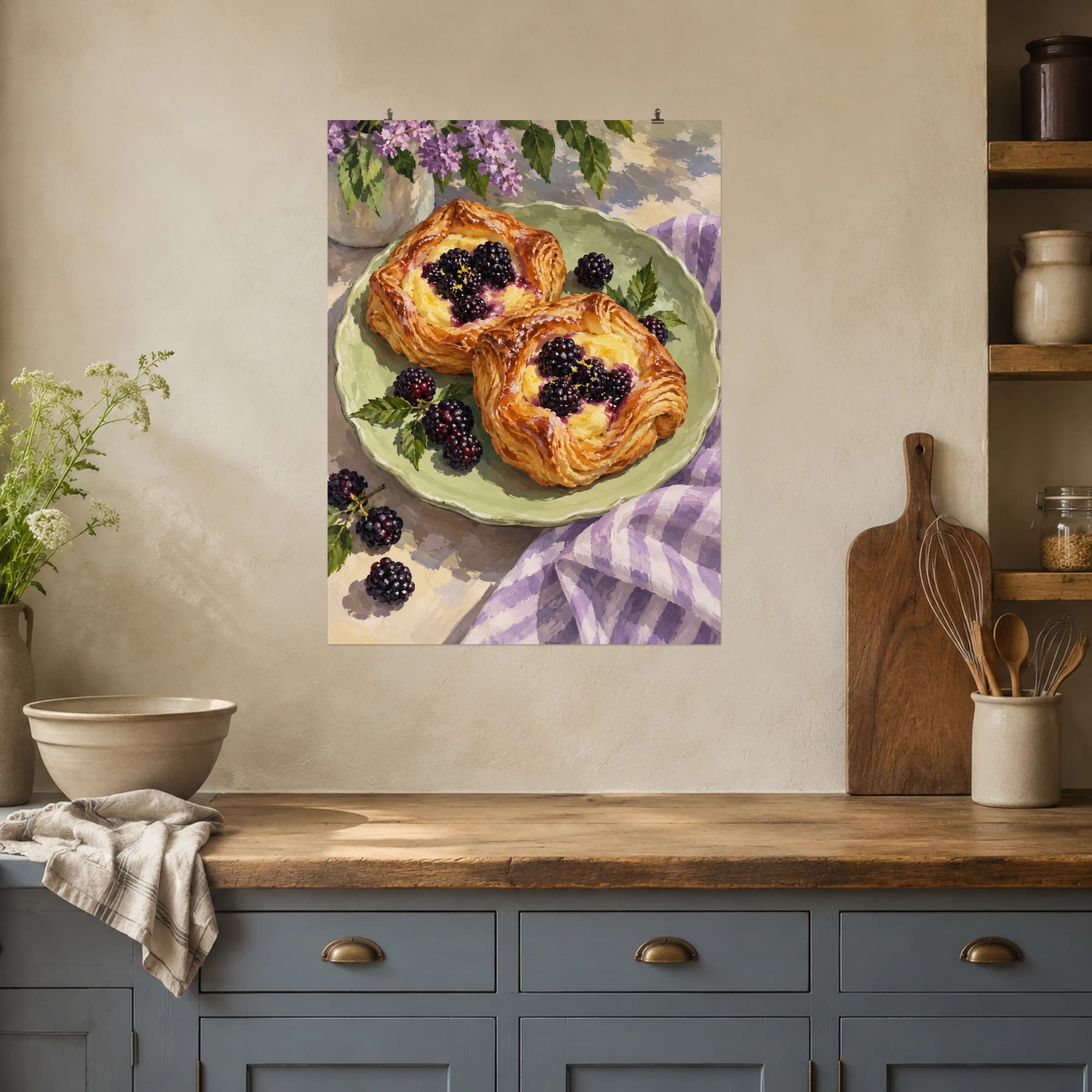 This gouache-style composition features two flaky blackberry custard danishes on a pale green plate, scattered berries and a lilac striped cloth. Expressive brushwork and a balanced palette bring warmth and character to your space.