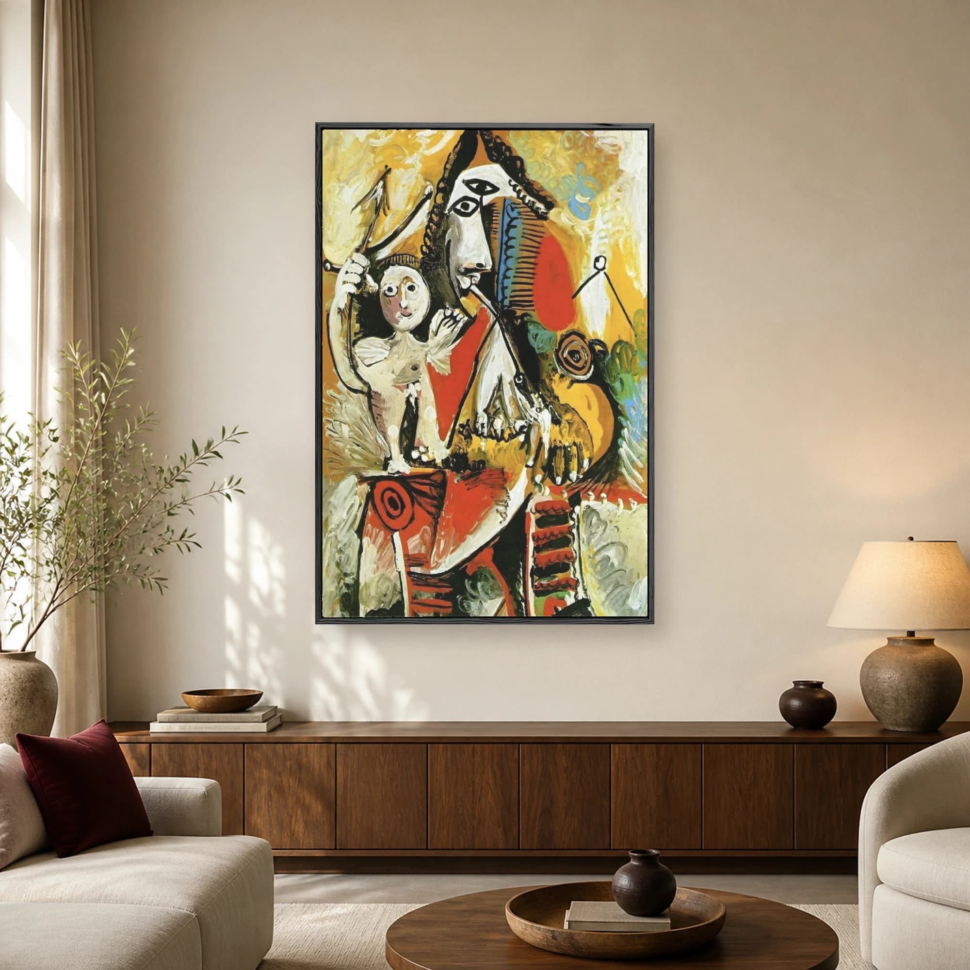 A vibrant modern abstract painting depicting stylized figures in yellow, red, black, and white.