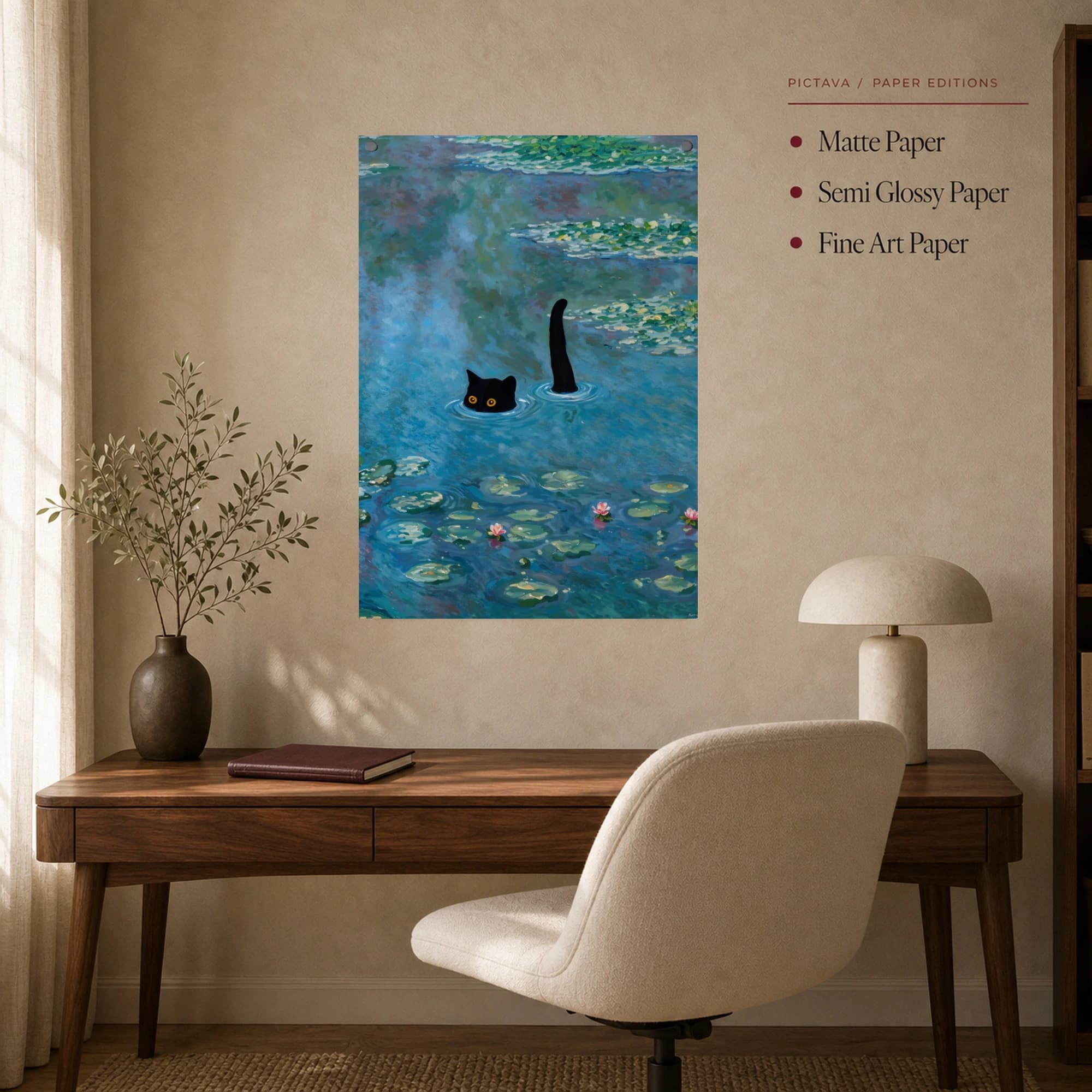 Black Cat Swimming in Water Lilies Pond Impressionist Canvas, view 8