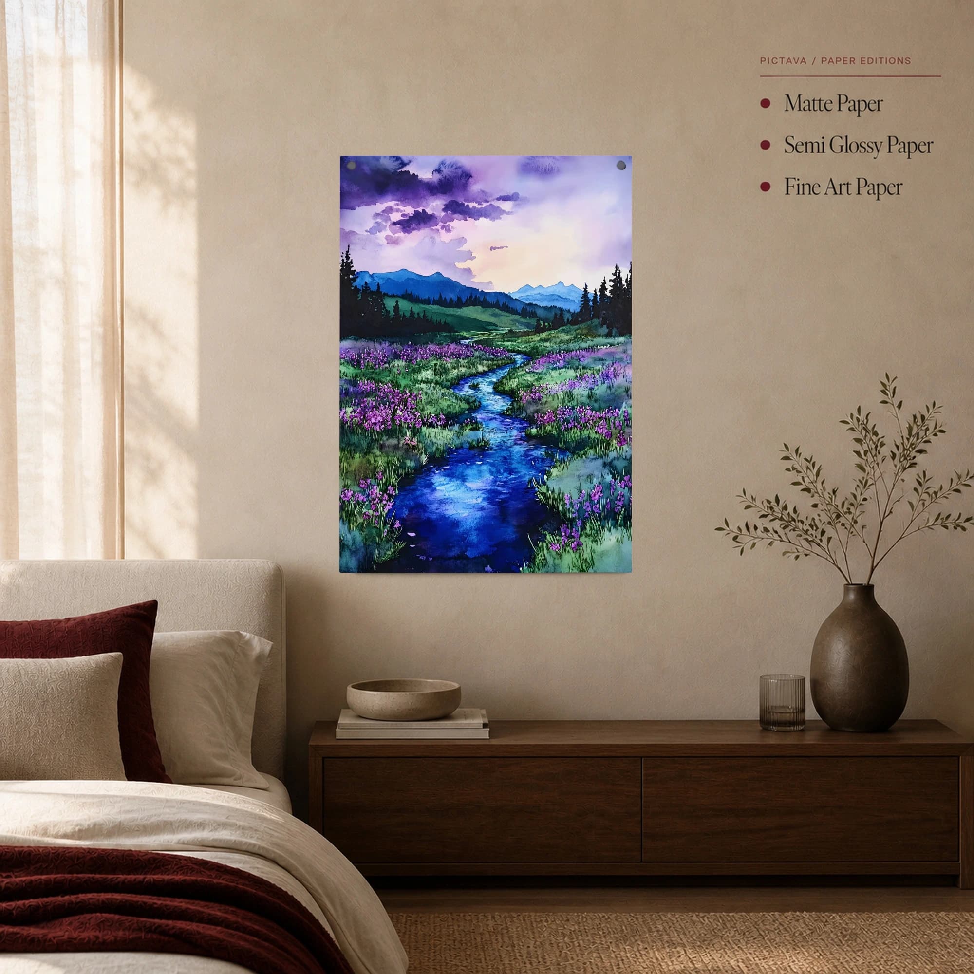 Purple Valley River Watercolor Landscape Wall Art, view 5