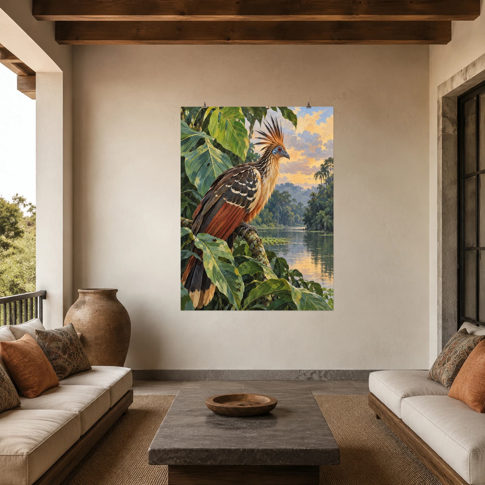 This gouache-style composition features a crested hoatzin perched over a slow tropical river among large green leaves. Expressive brushwork and carefully balanced color bring a distinctive focal point to your wall.
