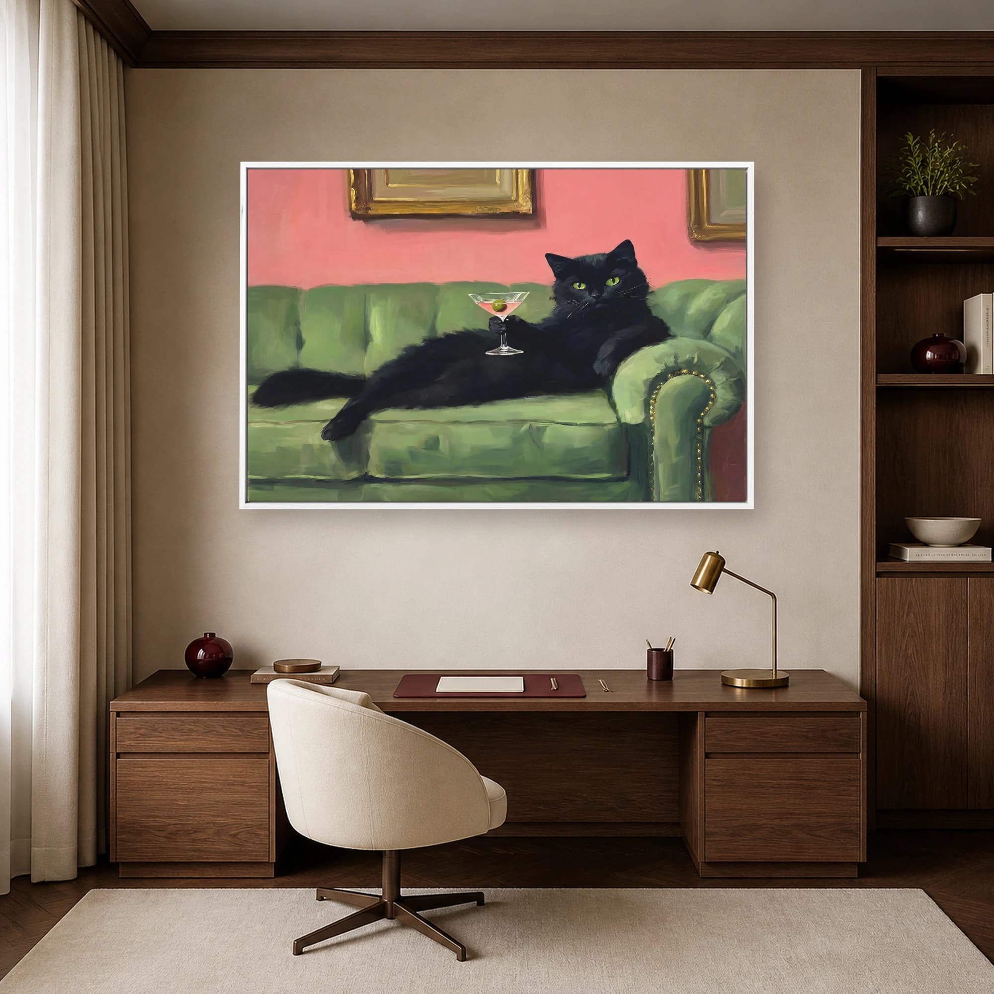 Sophisticated Black Cat Drinking Martini Canvas Art, view 4