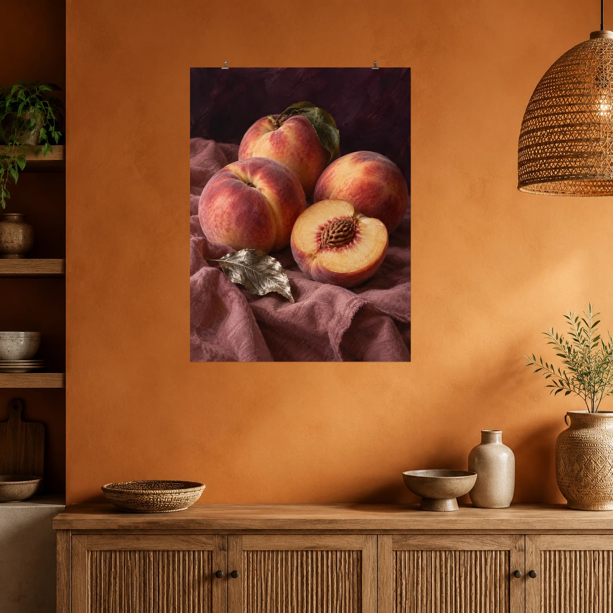 Ripe peaches and a sliced peach rest against softly folded rose-colored fabric. Deep plum shadows make the warm fruit tones the focus of this still life.