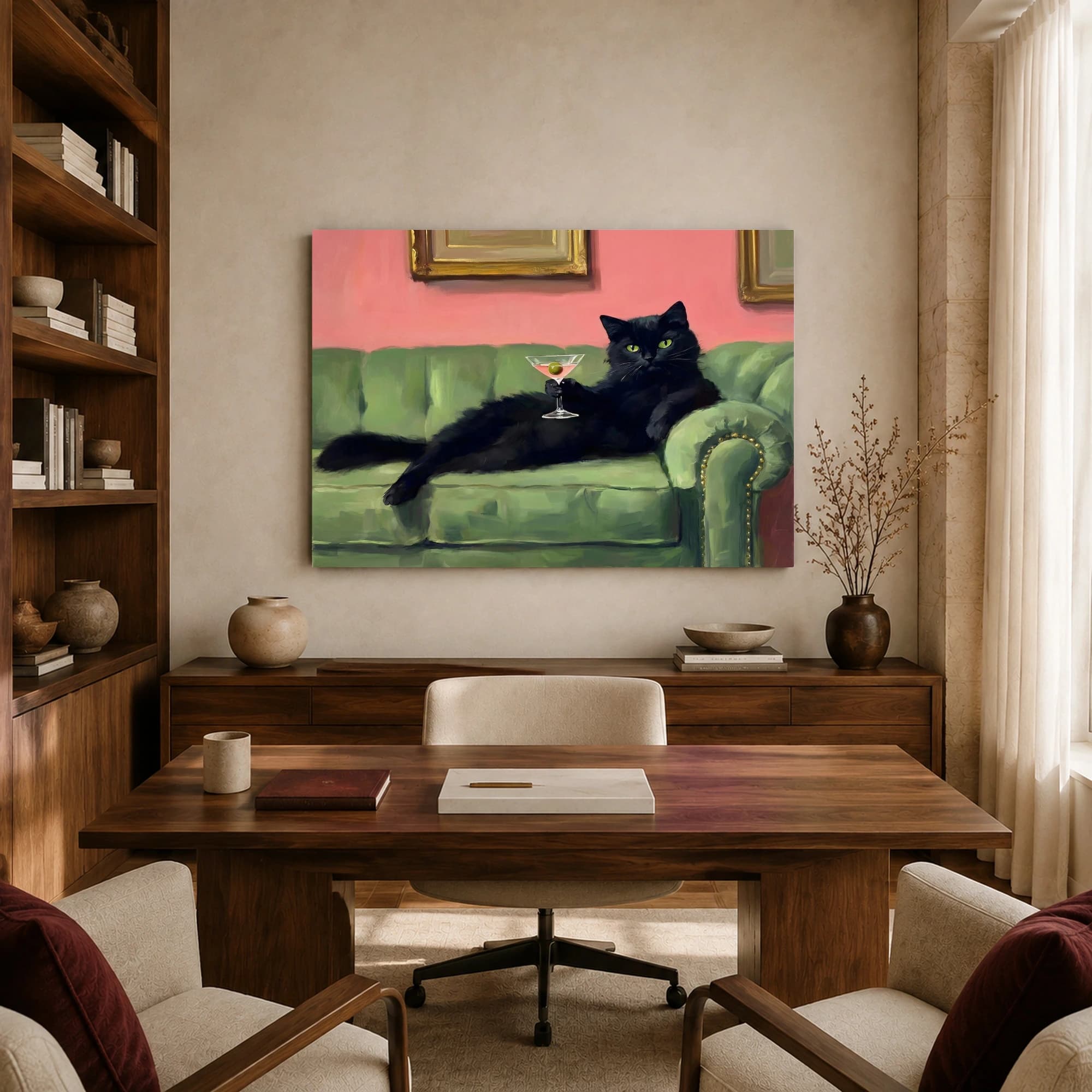 Sophisticated Black Cat Drinking Martini Canvas Art, view 7
