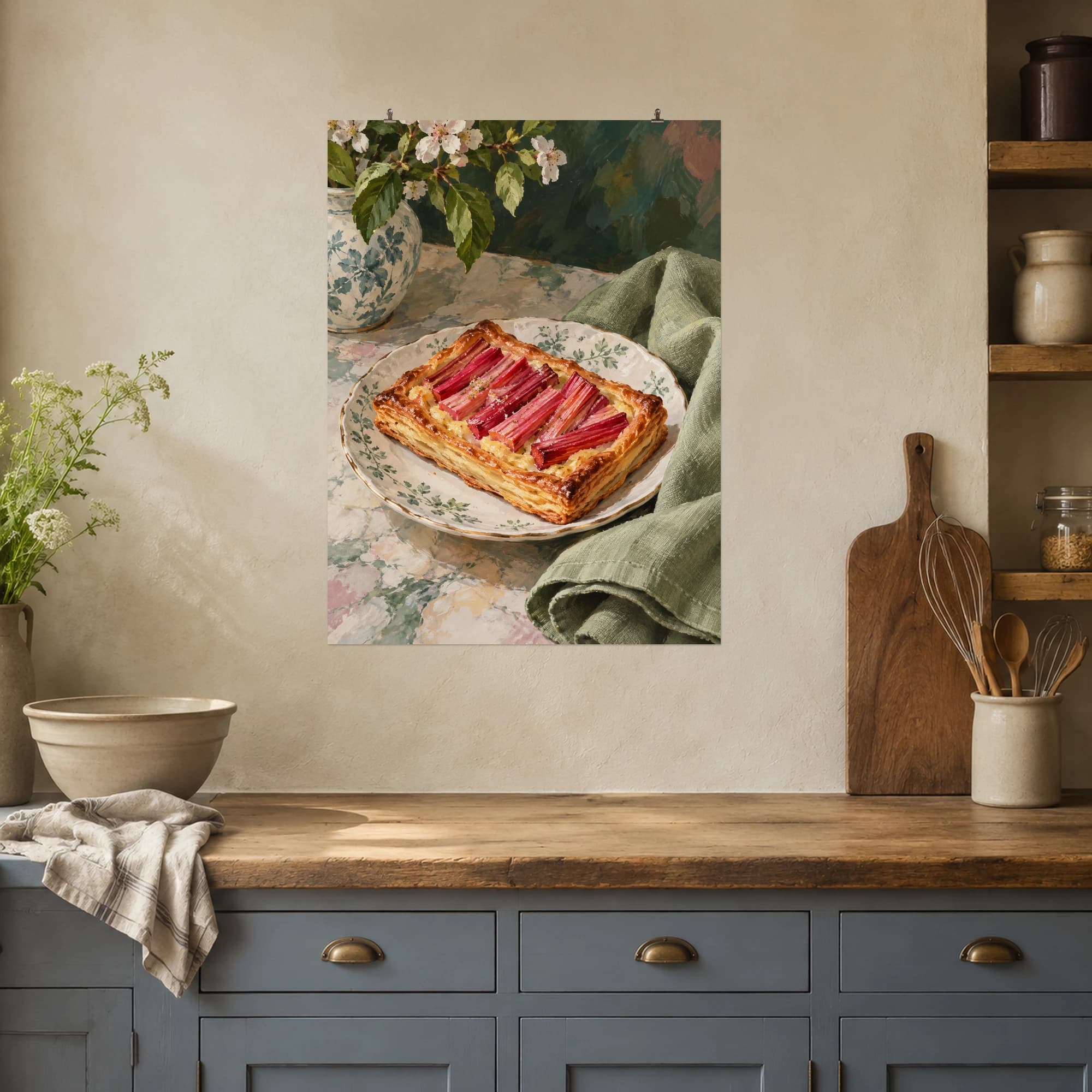 This gouache-style composition features a rectangular rhubarb custard pastry with neat ruby pink rhubarb ribbons on a small porcelain plate beside a folded sage linen napkin. Expressive brushwork and a balanced palette bring warmth and character to your space.