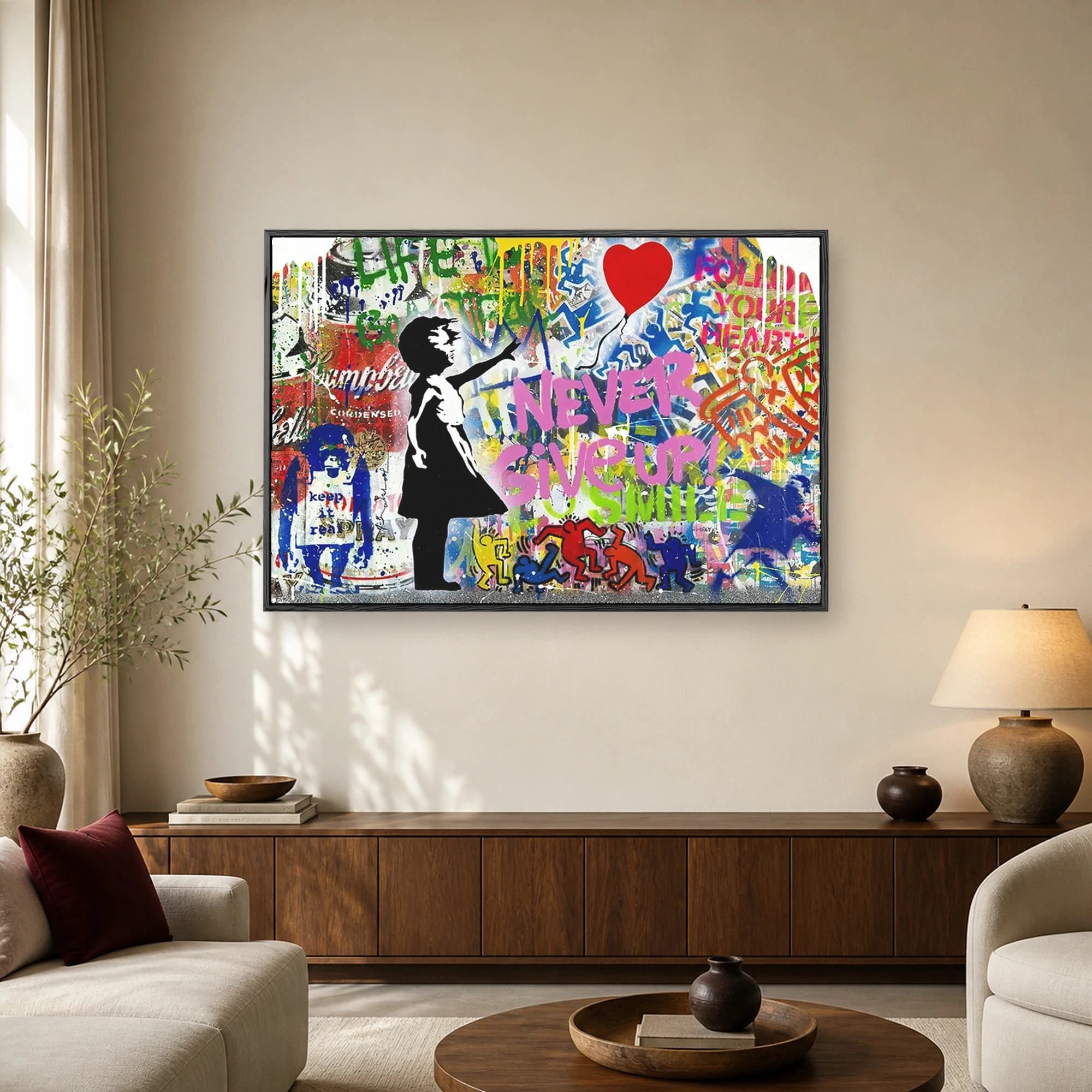 A vibrant street art collage featuring a silhouette girl reaching for a red heart balloon, bold pink typography, and colorful graffiti elements.