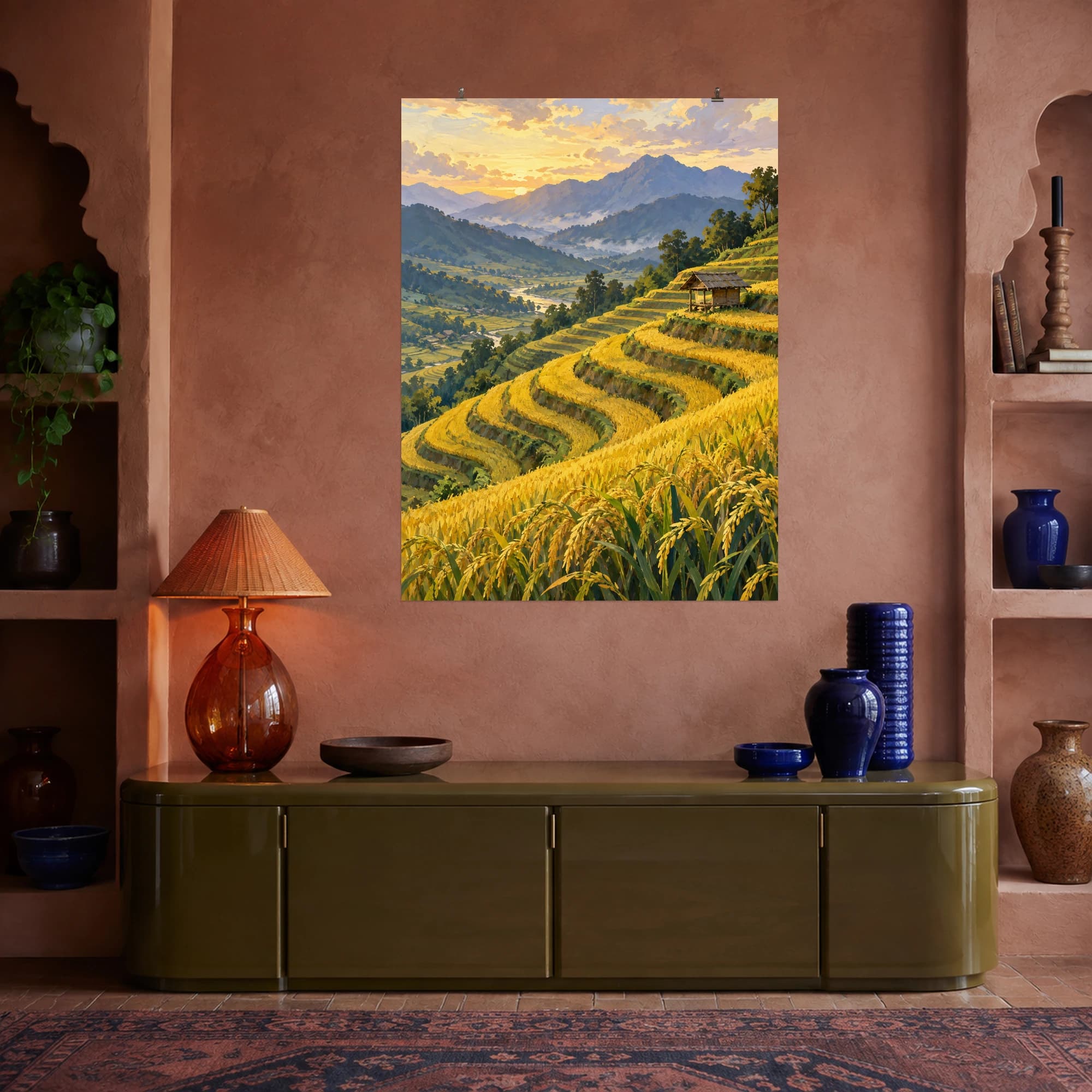 This gouache-style composition features golden rice terraces curving around a hillside with a tiny wooden field shelter. Expressive brushwork and carefully balanced color bring a distinctive focal point to your wall.