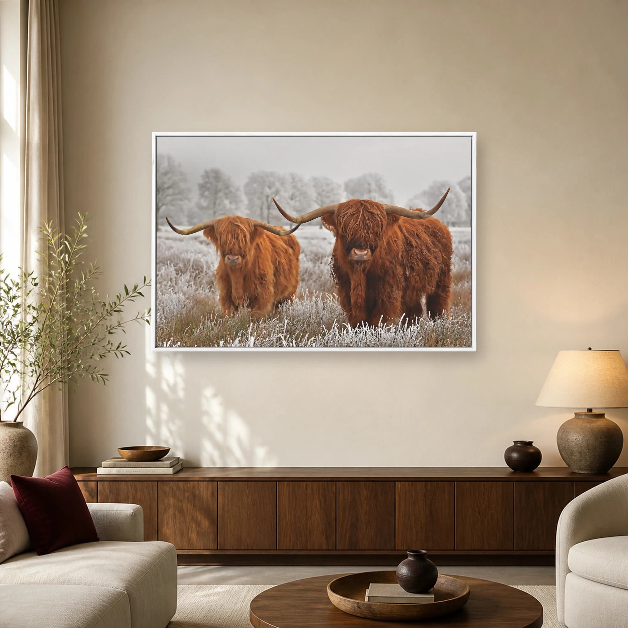 Highland Cattle in Frost Winter Wildlife Wall Art, view 2