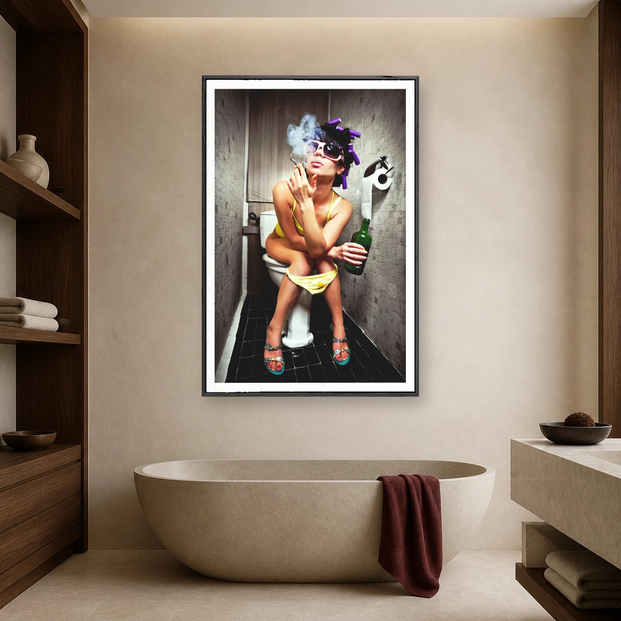 Staged portrait of a woman in purple hair rollers, sunglasses, and yellow bikini sitting on a toilet with smoke and a green bottle.