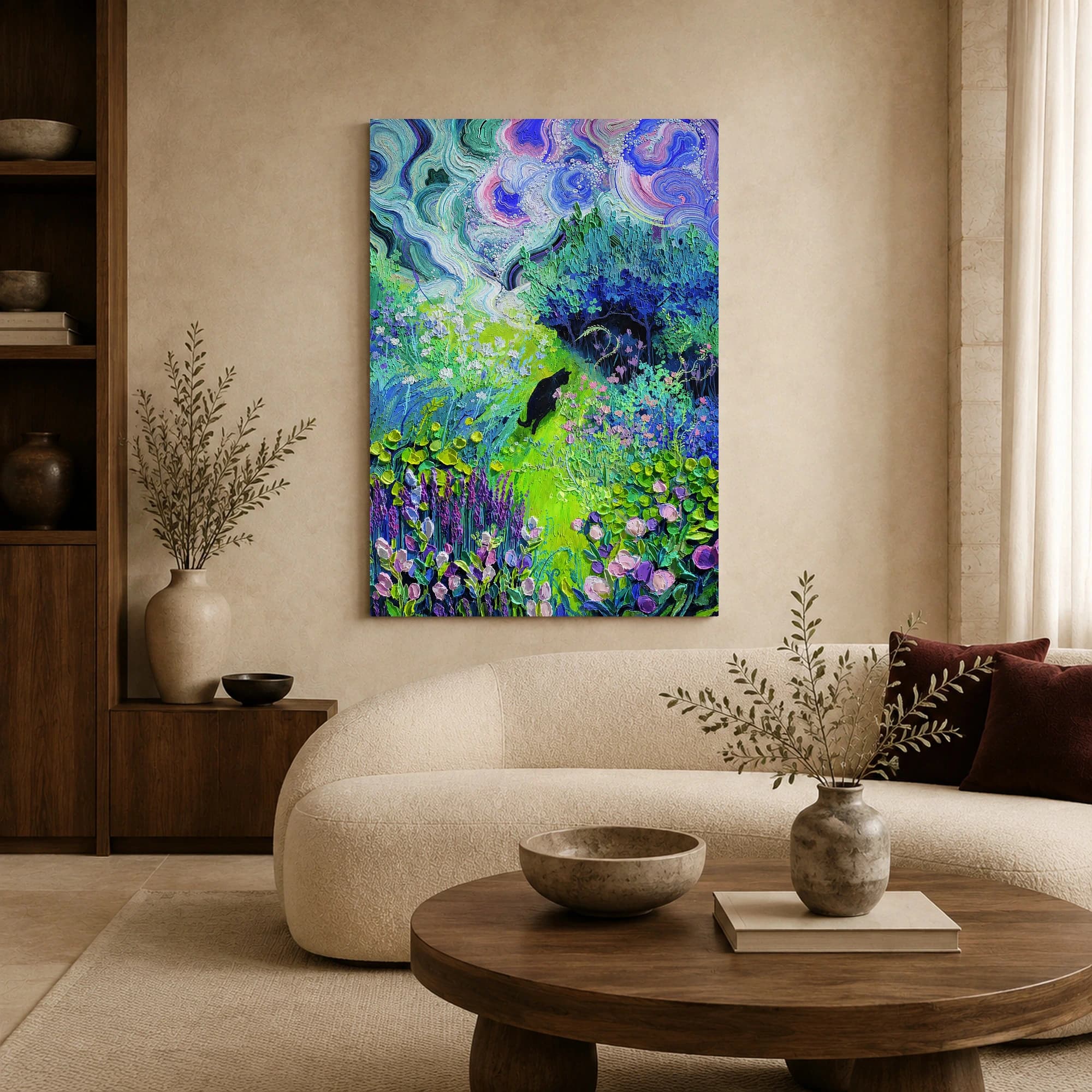 Black Cat in Impasto Garden Night Sky Canvas Print, view 6