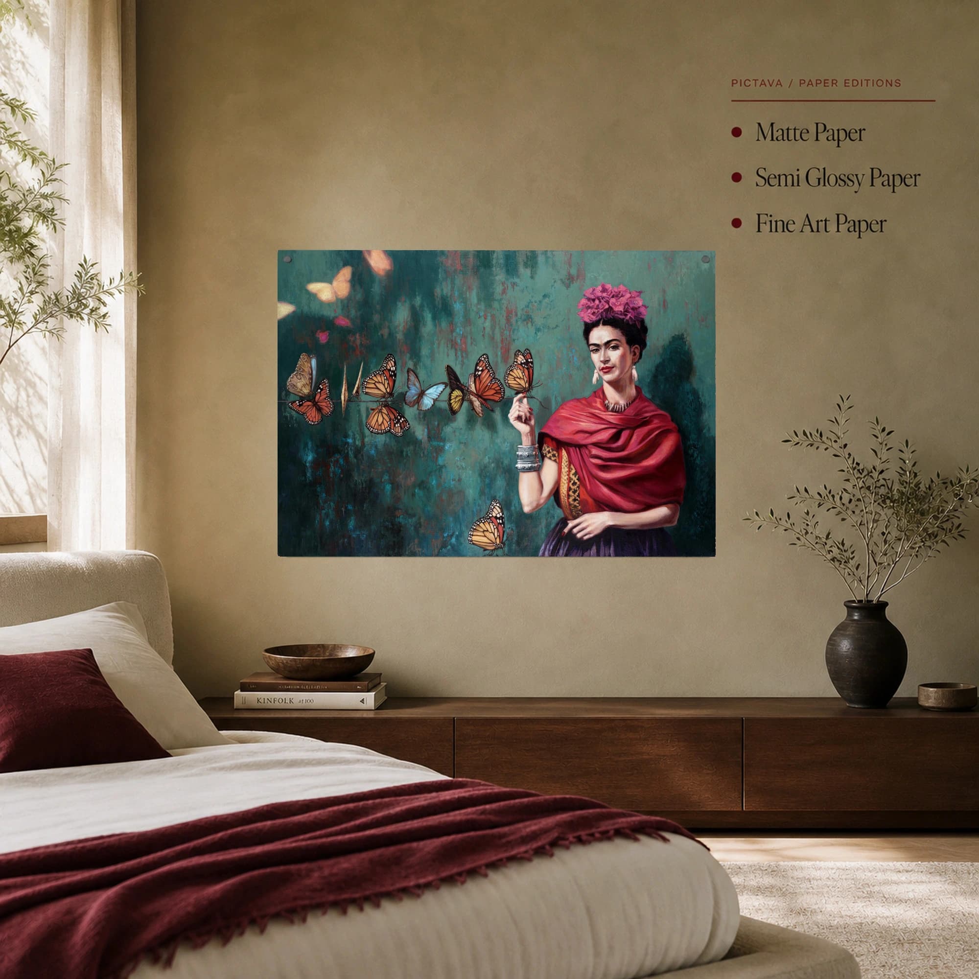 Frida Kahlo Portrait Canvas Print with Monarch Butterflies Wall Art, view 7