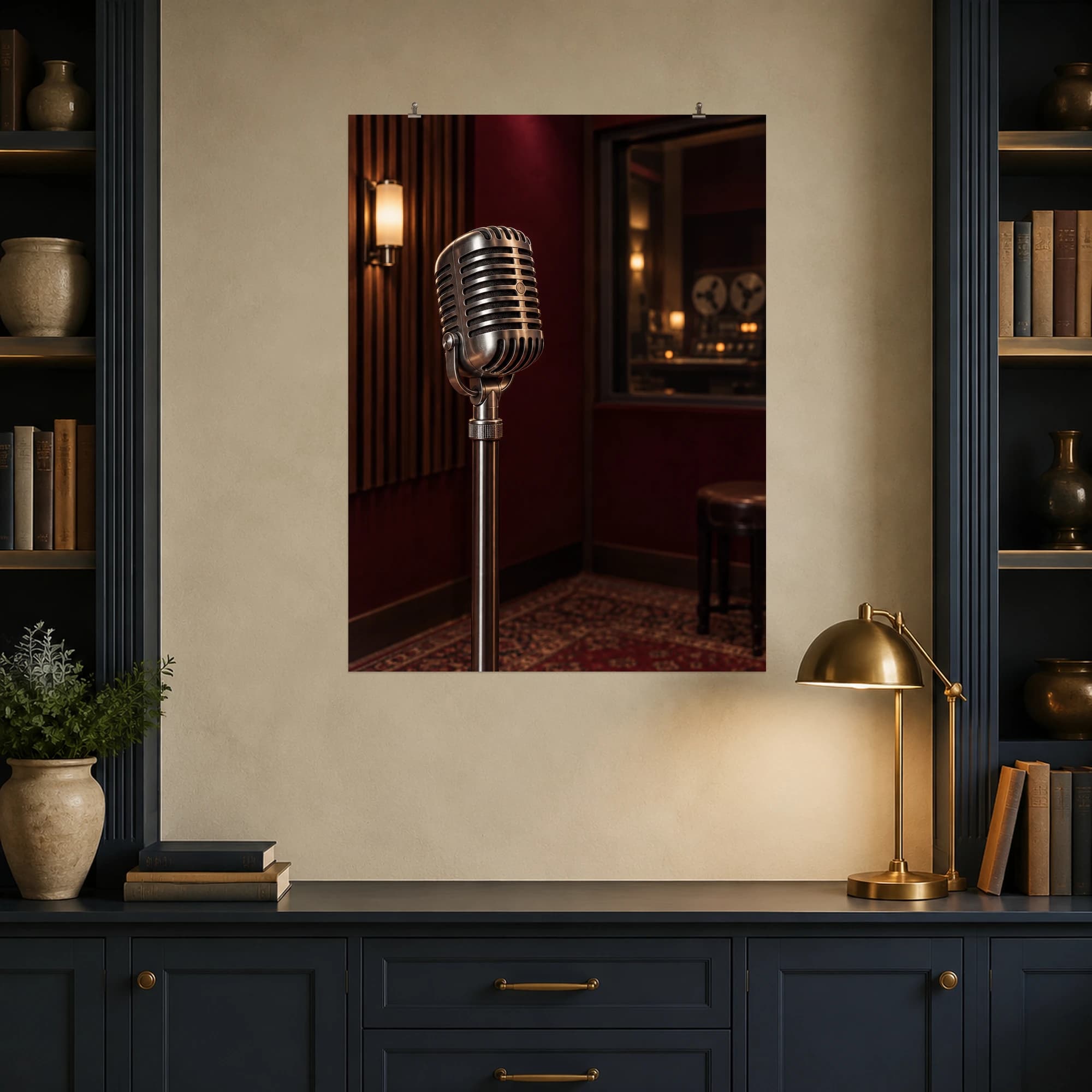 A silver vintage microphone stands in a softly lit recording booth with burgundy and walnut tones.
