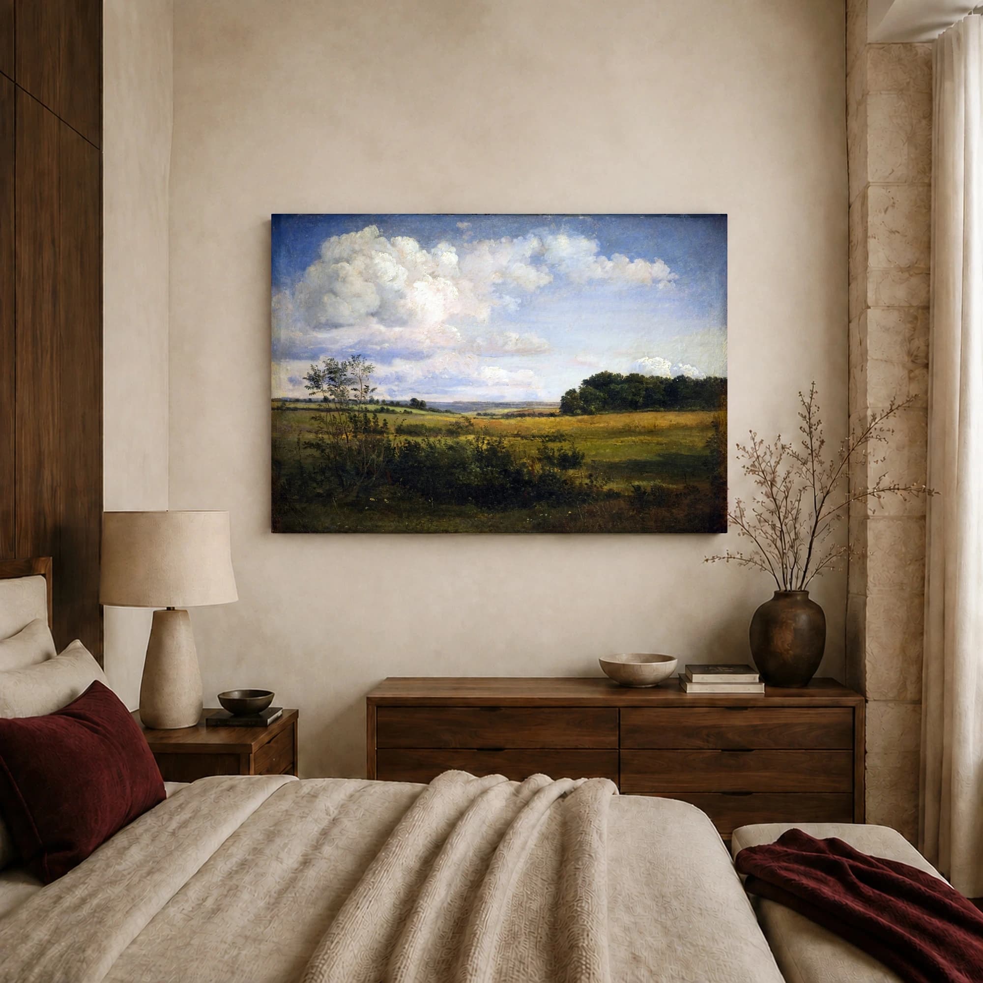 Vintage Pastoral Landscape Painting with Dramatic Clouds Wall Art, view 7